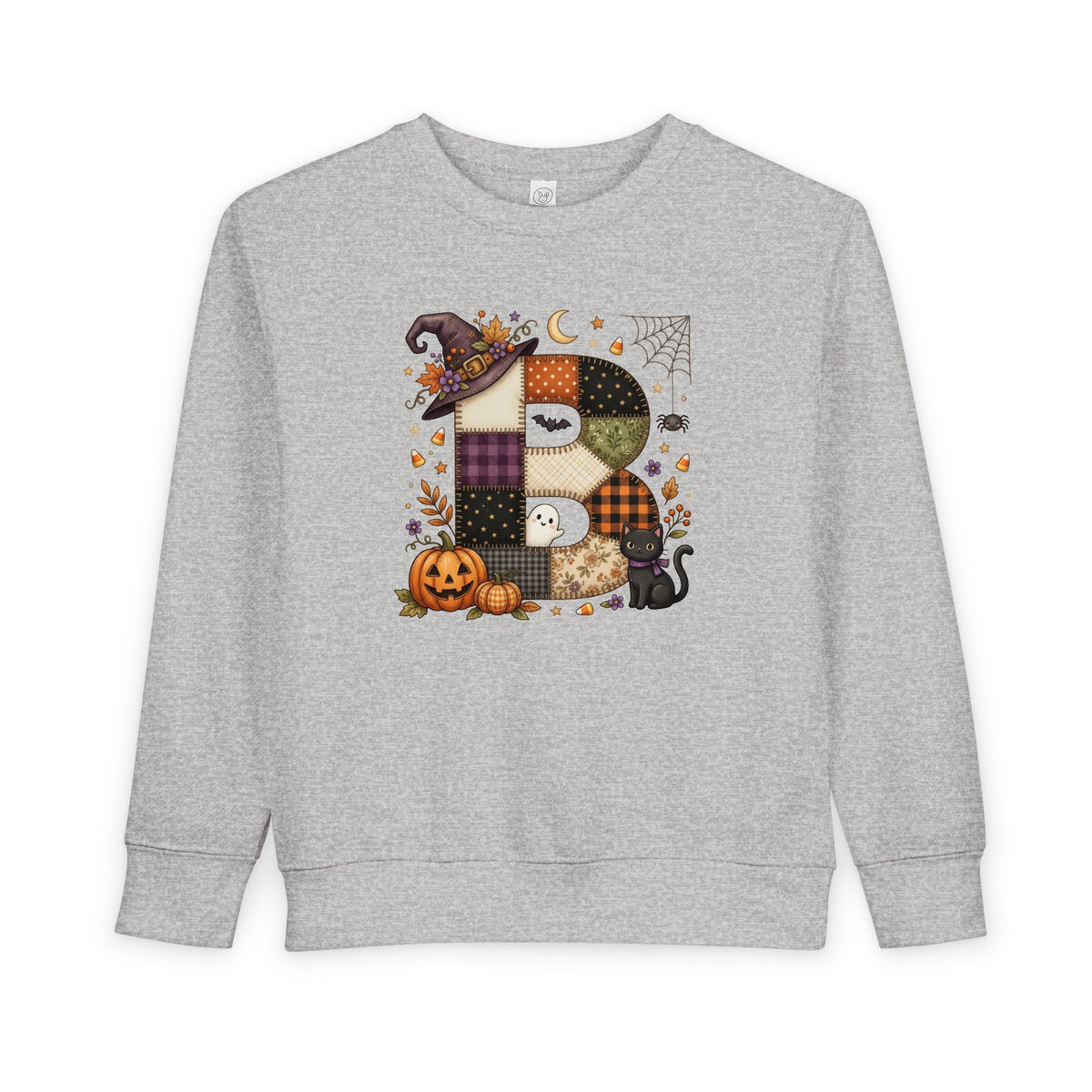 Kids Halloween Custom Initial Sweatshirt — Patchwork Pumpkin Witch Hat Design
