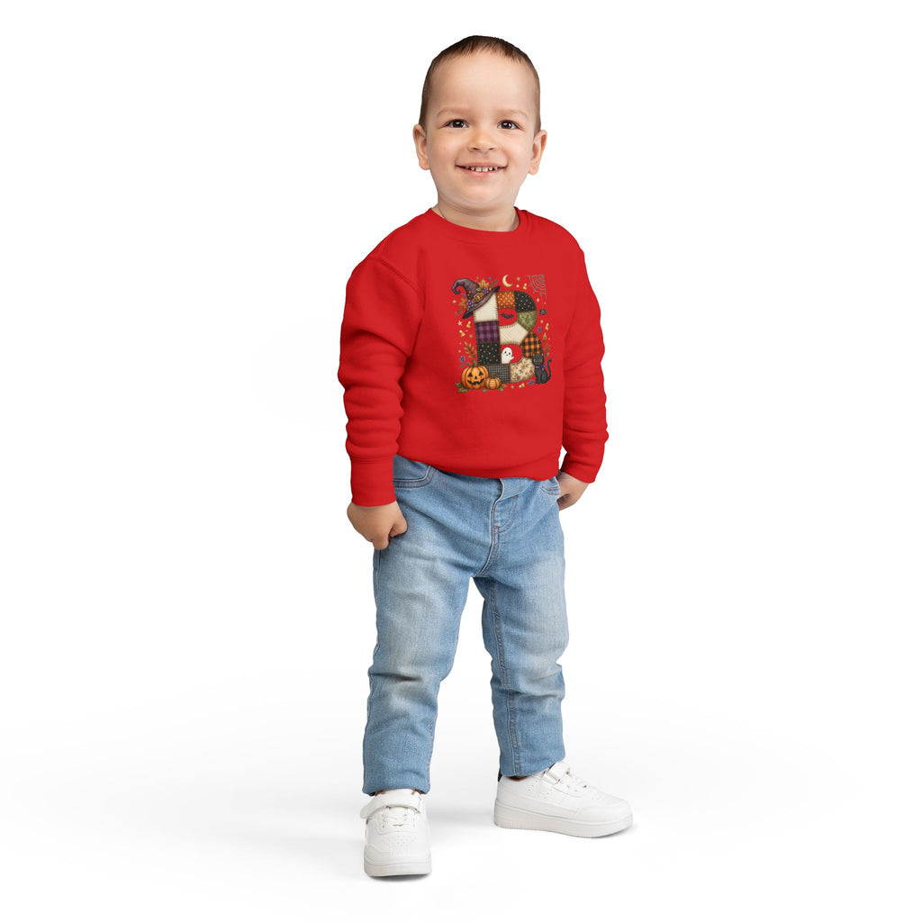 Kids Halloween Custom Initial Sweatshirt — Patchwork Pumpkin Witch Hat Design