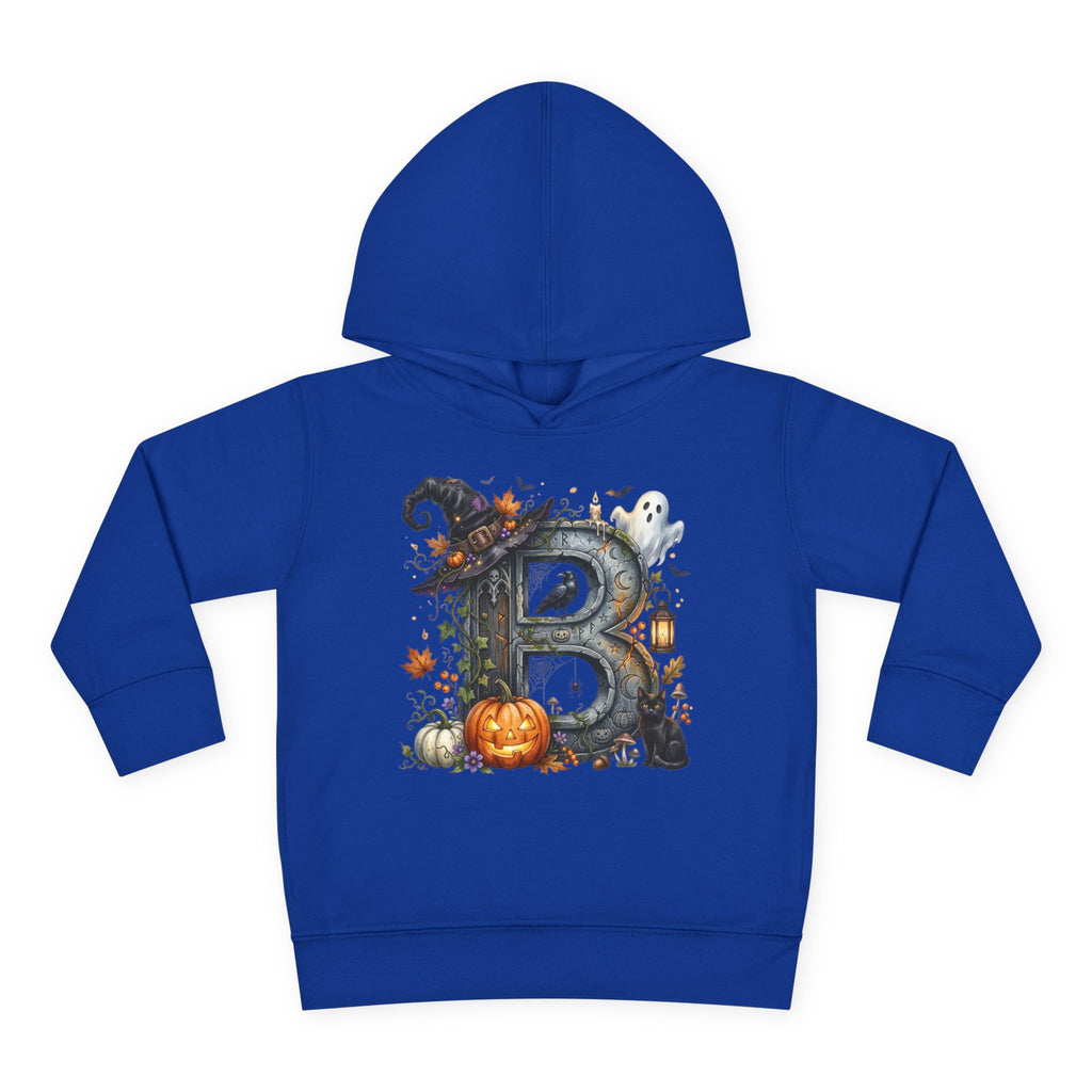 Toddler Hoodie — Halloween Custom Initial Pullover (Witch Hat, Pumpkin & Ghosts)