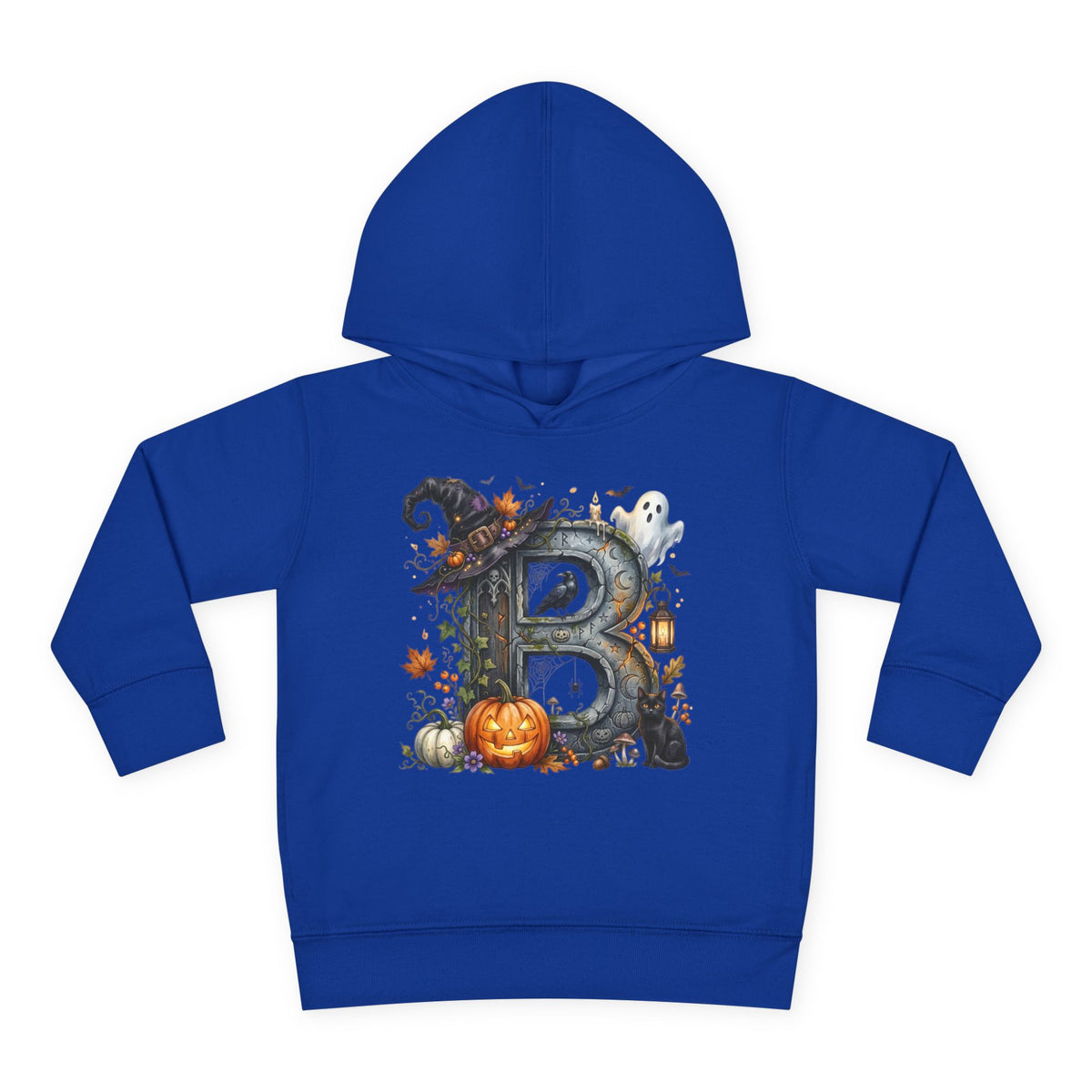 Toddler Hoodie — Halloween Custom Initial Pullover (Witch Hat, Pumpkin & Ghosts)