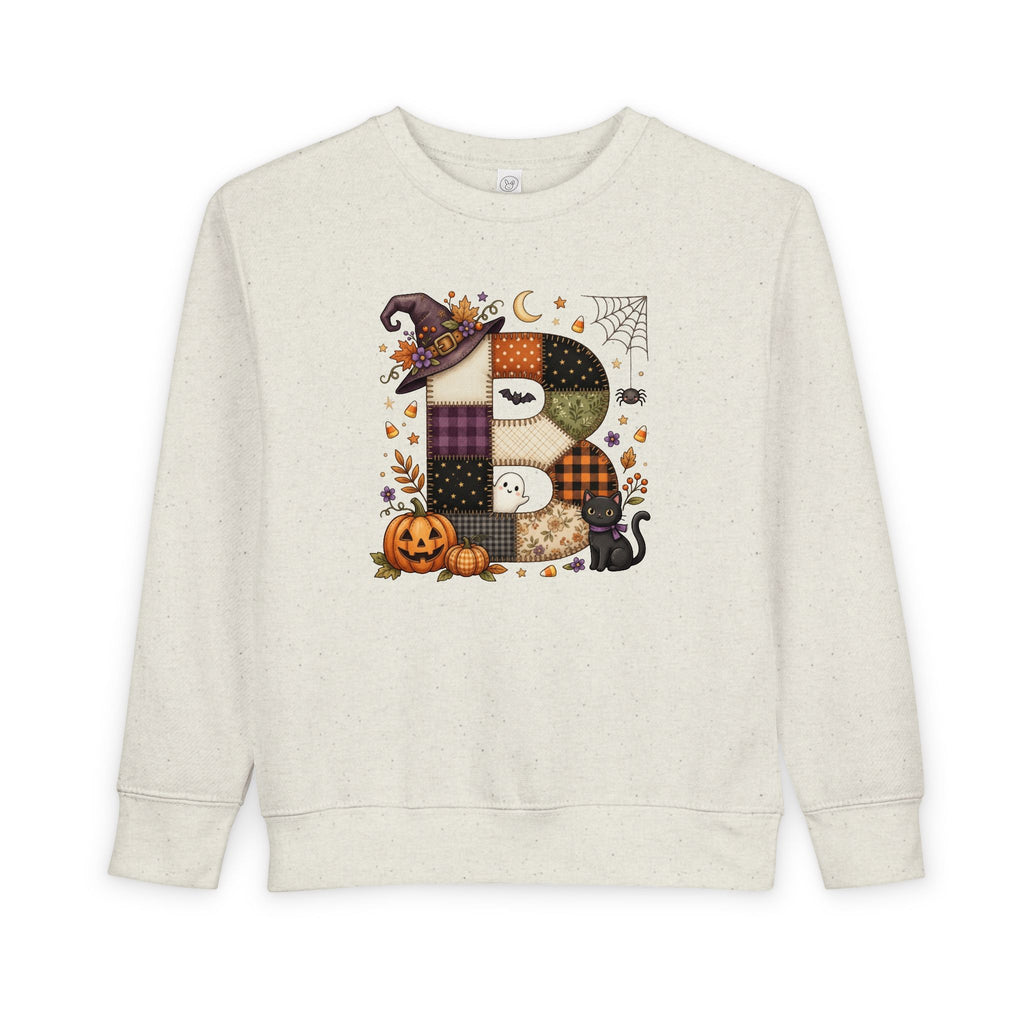 Kids Halloween Custom Initial Sweatshirt — Patchwork Pumpkin Witch Hat Design
