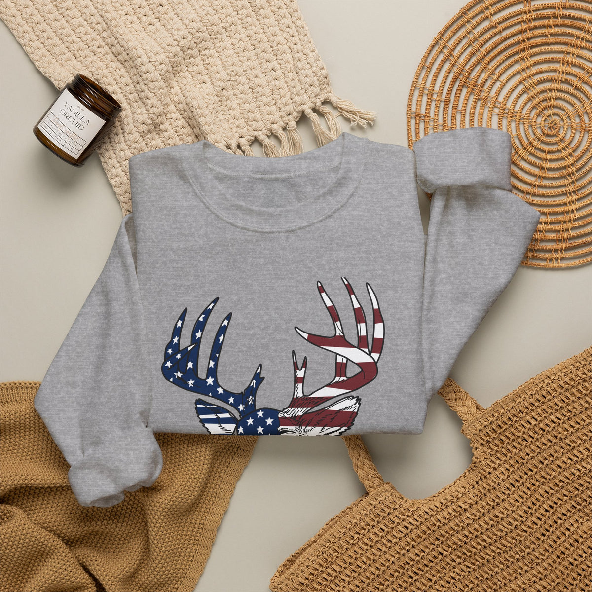 American Flag Deer Head Graphic - Pullover Sweatshirt