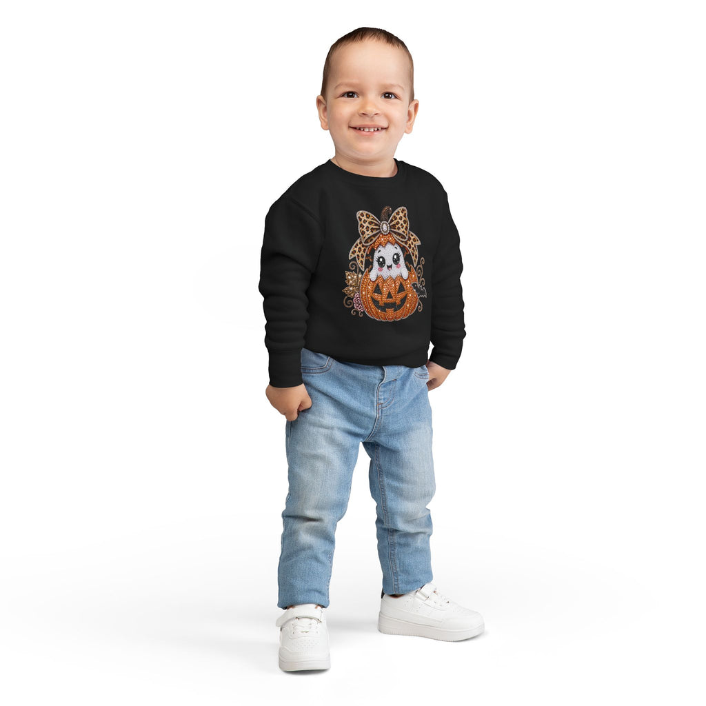 Kids Halloween Sweatshirt — Cute Ghost in Leopard Bow Pumpkin