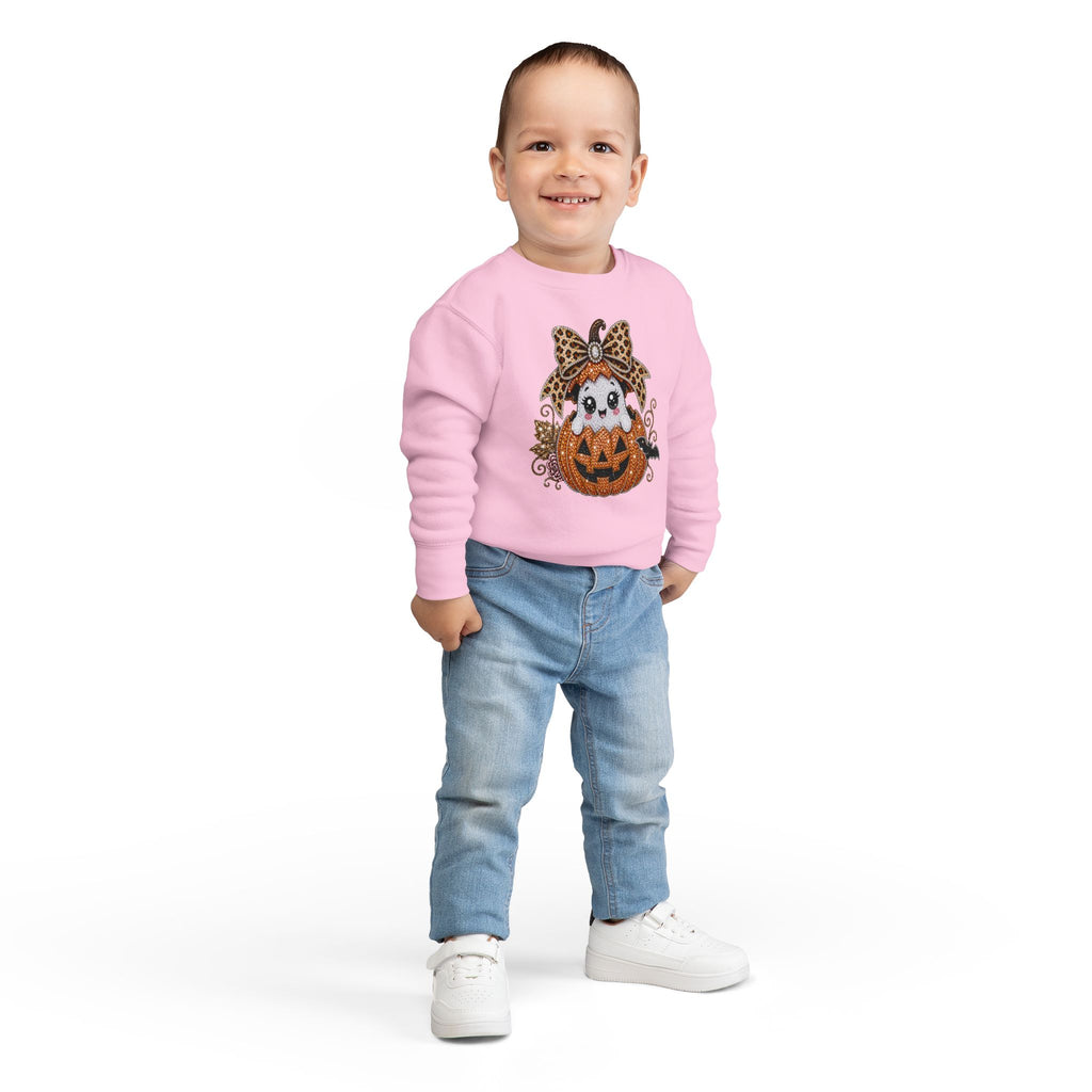 Kids Halloween Sweatshirt — Cute Ghost in Leopard Bow Pumpkin