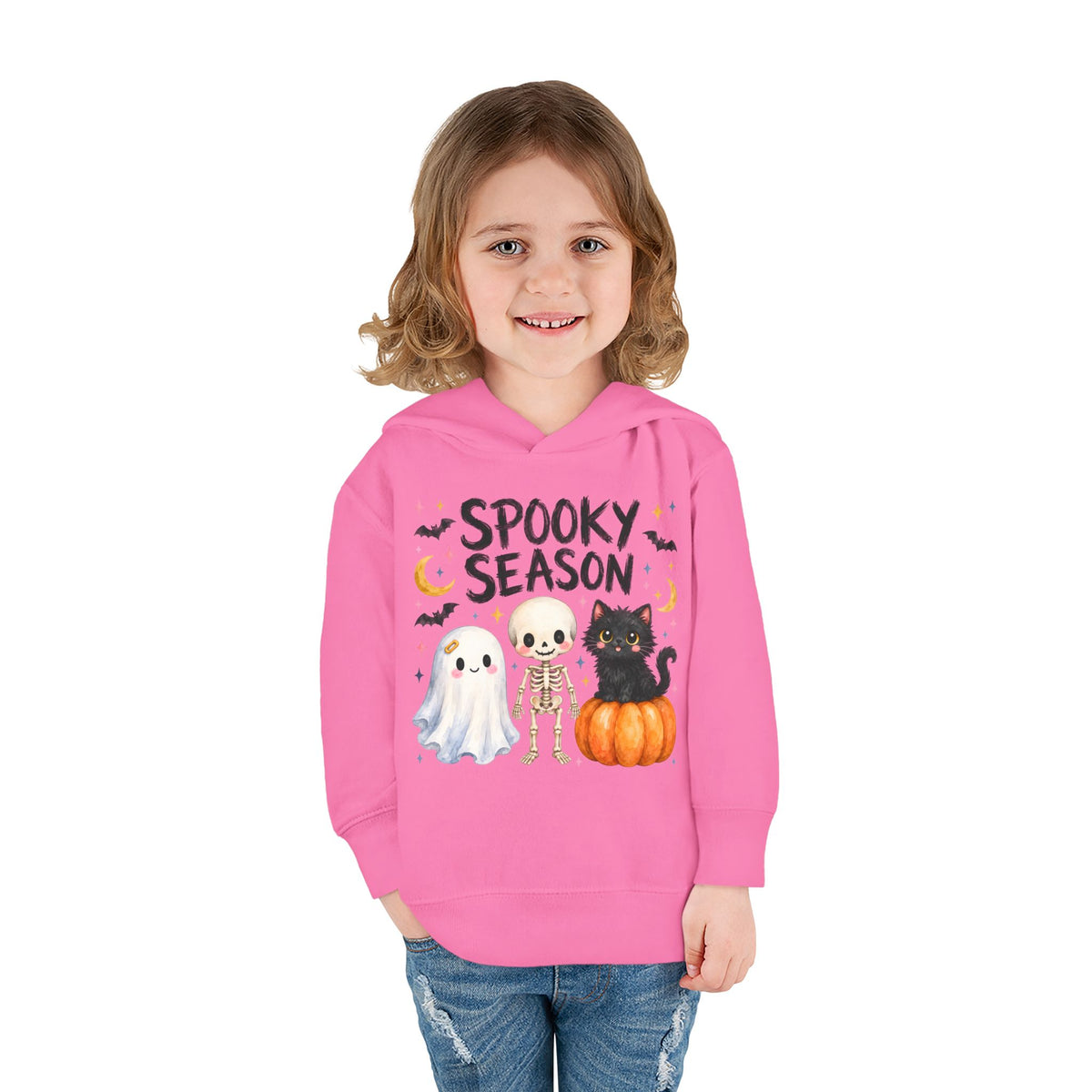 Toddler Hoodie — "Spooky Season" Cute Ghost, Skeleton & Black Cat Halloween Pullover