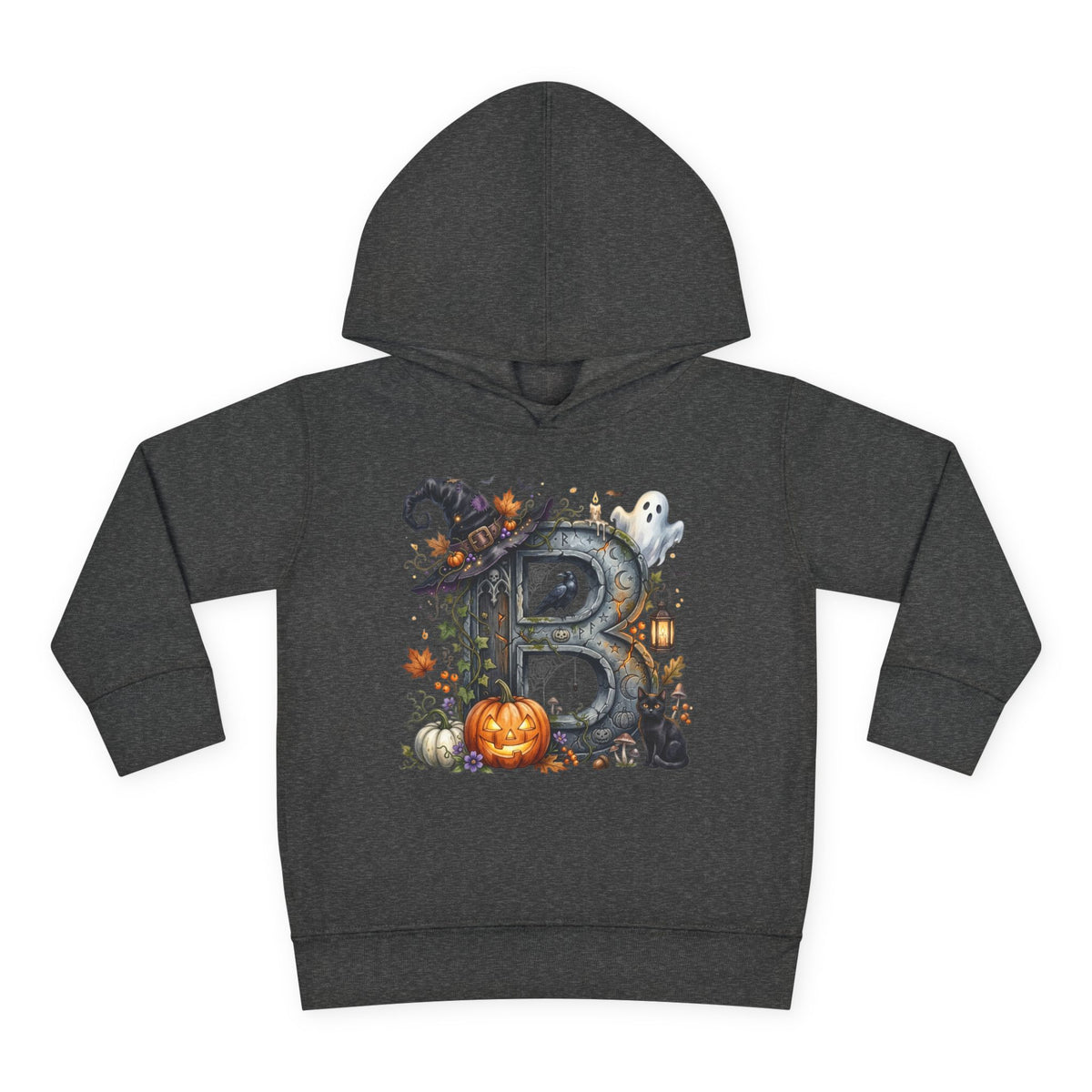 Toddler Hoodie — Halloween Custom Initial Pullover (Witch Hat, Pumpkin & Ghosts)