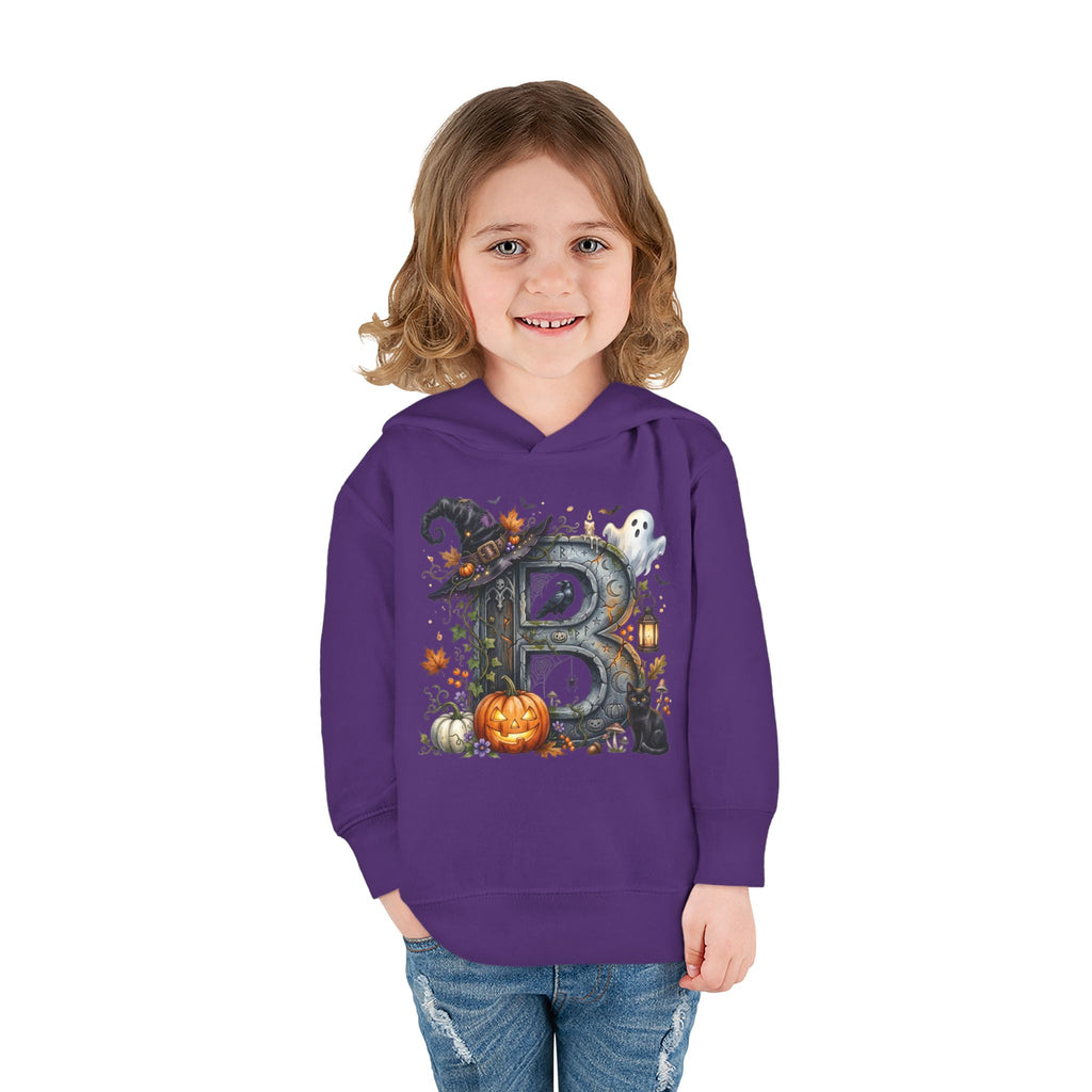 Toddler Hoodie — Halloween Custom Initial Pullover (Witch Hat, Pumpkin & Ghosts)