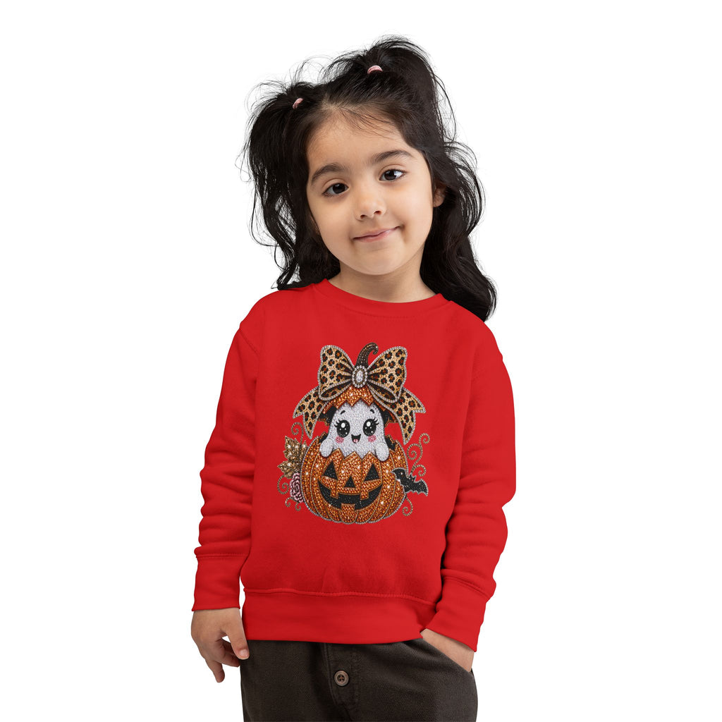 Kids Halloween Sweatshirt — Cute Ghost in Leopard Bow Pumpkin
