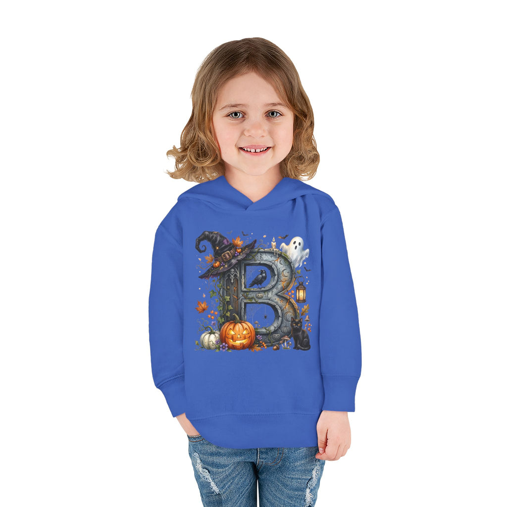 Toddler Hoodie — Halloween Custom Initial Pullover (Witch Hat, Pumpkin & Ghosts)
