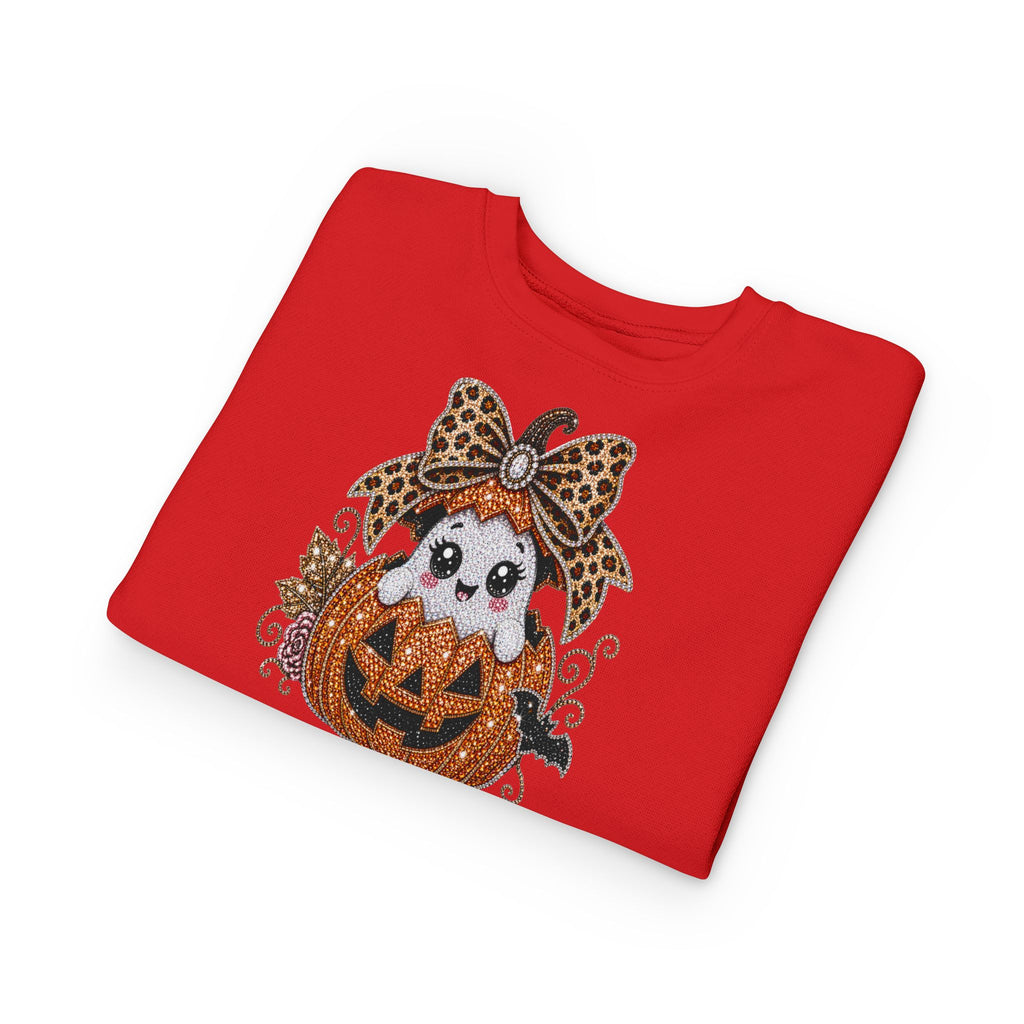Kids Halloween Sweatshirt — Cute Ghost in Leopard Bow Pumpkin