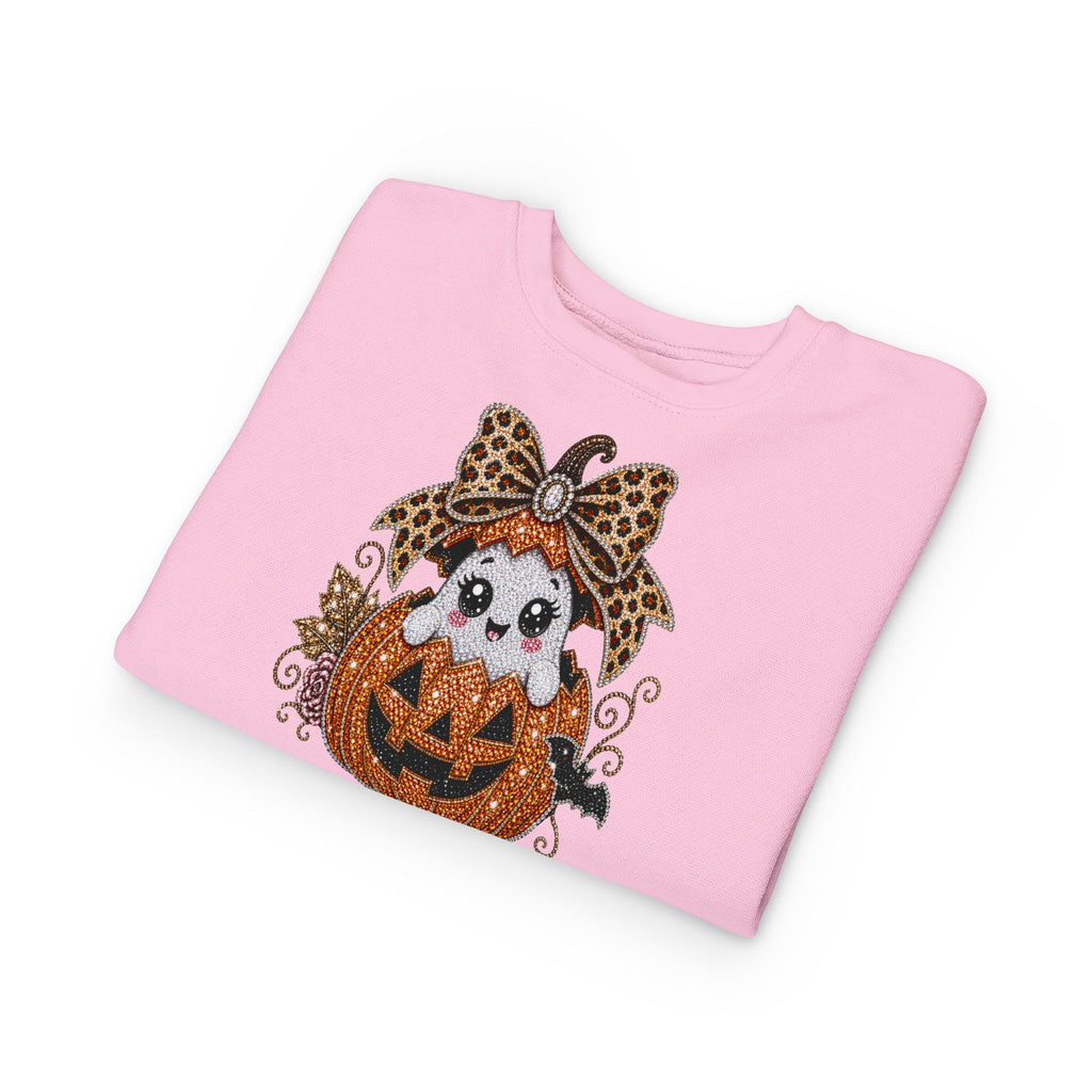 Kids Halloween Sweatshirt — Cute Ghost in Leopard Bow Pumpkin