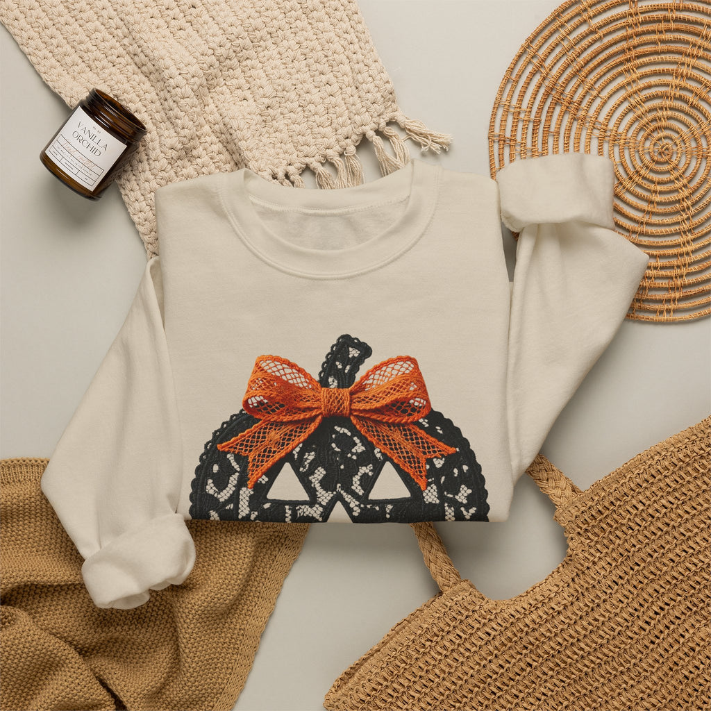 Lace Pumpkin & Orange Bow 3D Graphic | Halloween Pullover Sweatshirt