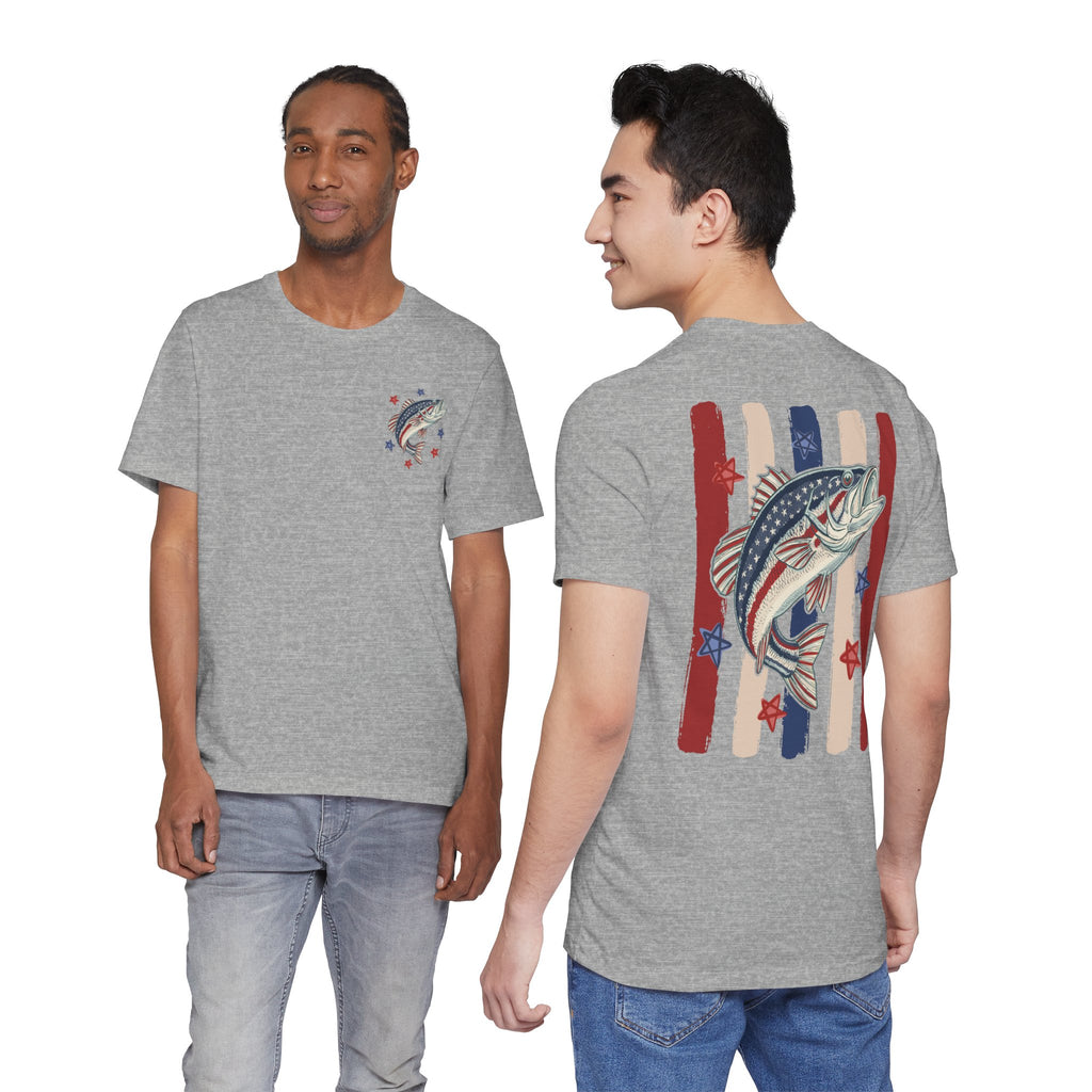Patriotic Bass Fishing Graphic Tee — Red White & Blue Double-Sided Fishing Shirt | S–3XL