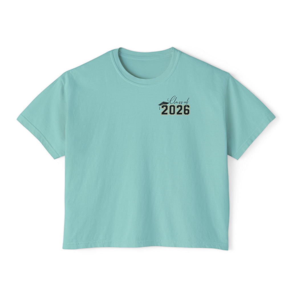 Class of 2026 FRONT & BACK Women's Boxy, Slightly Cropped Tee – Customize School Name Optional Graduation T‑Shirt