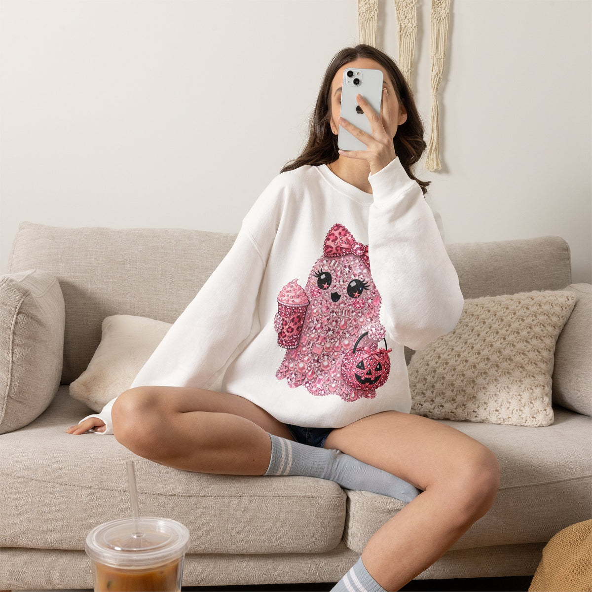 Pink Glitter Ghost Candy and Coffee Graphic - Halloween Pullover Sweatshirt