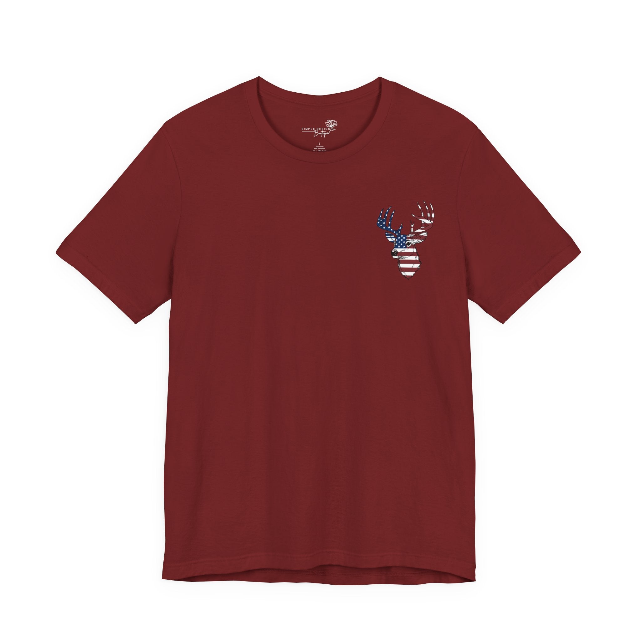 Patriotic Deer Head Graphic Tee — Red White & Blue Double-Sided Hunting Shirt | S–3XL