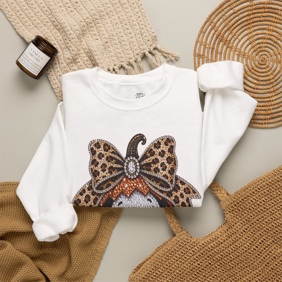 Cute Halloween Pumpkin Leopard Bow Ghost in Jack-O'-Lantern - Pullover Sweatshirt
