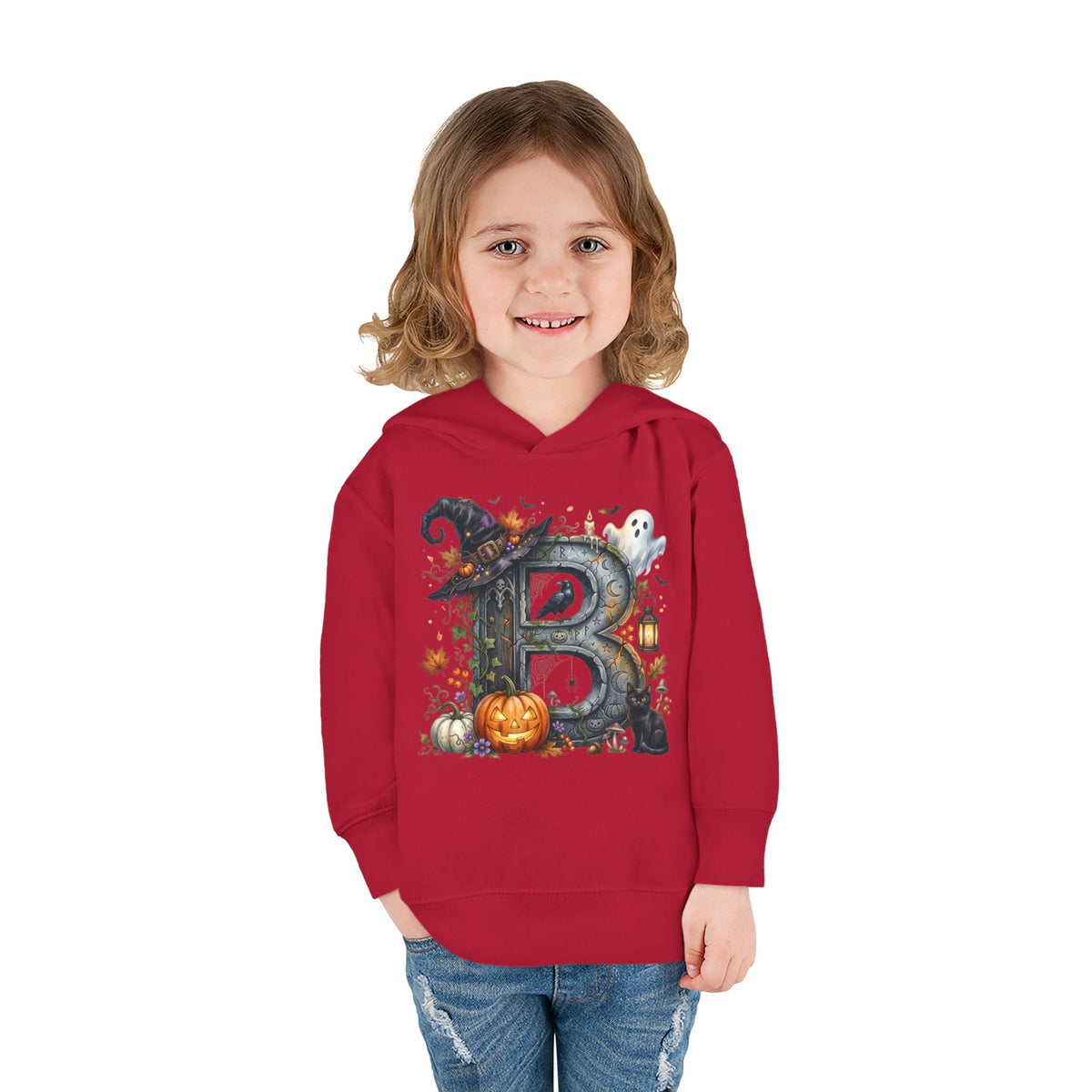 Toddler Hoodie — Halloween Custom Initial Pullover (Witch Hat, Pumpkin & Ghosts)