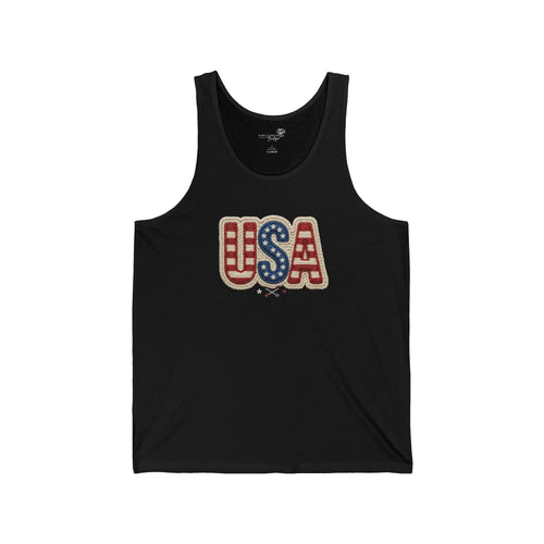 USA Faux Crochet Patriotic Tank Top — Boho American Flag Sleeveless Shirt | XS–2XL