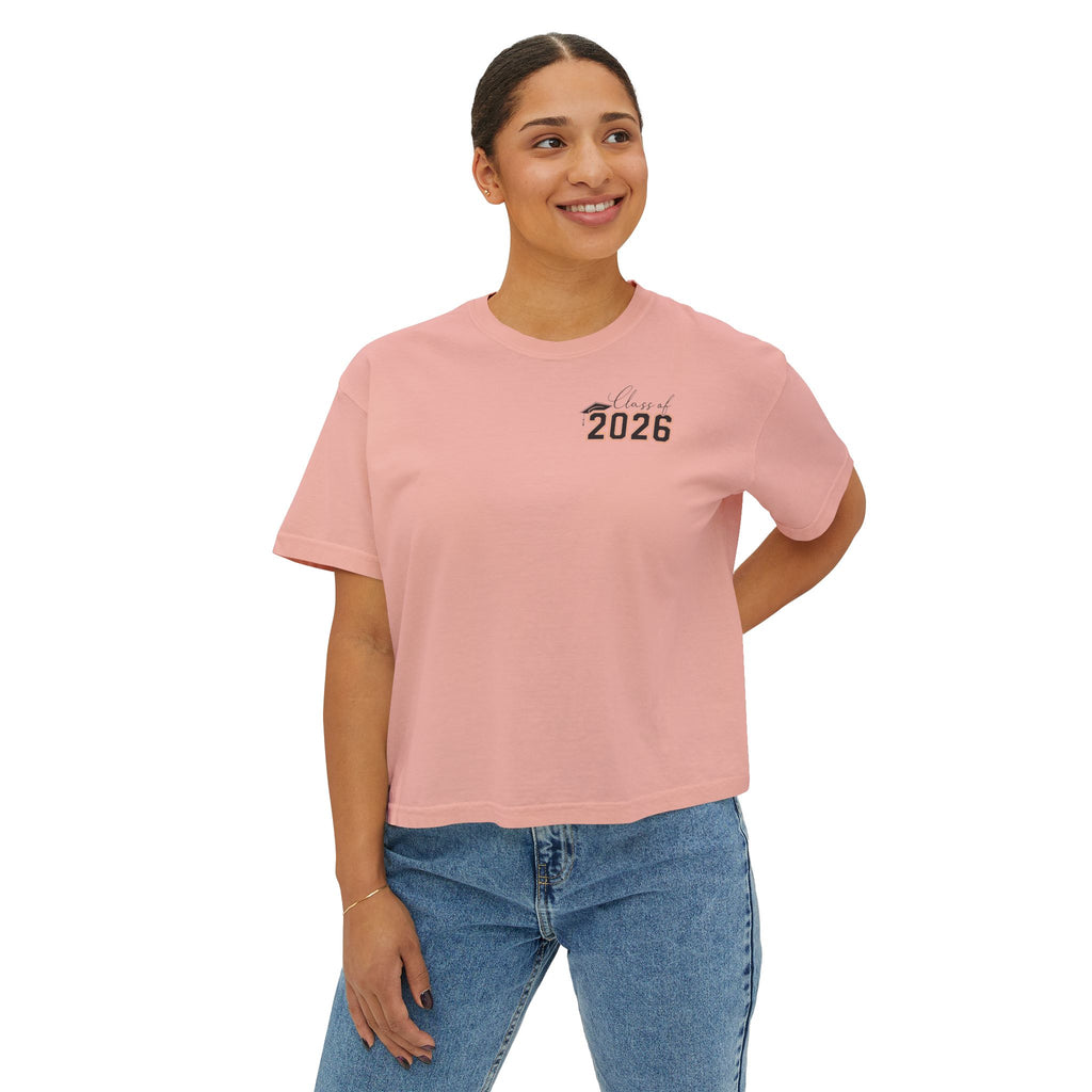 Class of 2026 FRONT & BACK Women's Boxy, Slightly Cropped Tee – Customize School Name Optional Graduation T‑Shirt