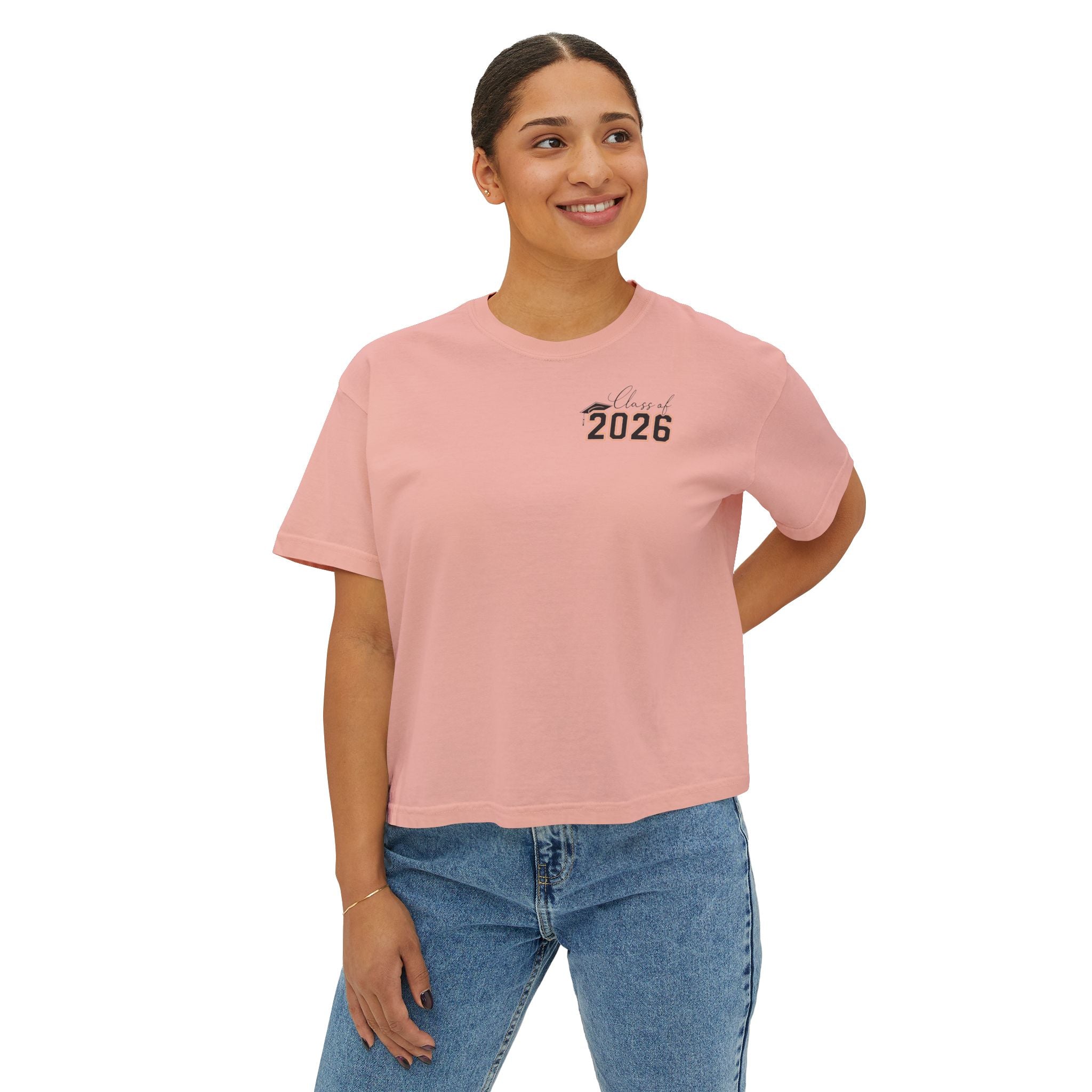 Class of 2026 FRONT & BACK Women's Boxy, Slightly Cropped Tee – Customize School Name Optional Graduation T‑Shirt