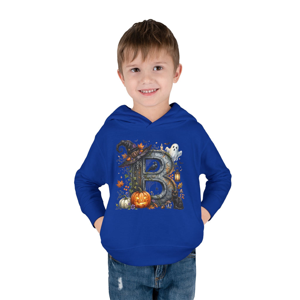 Toddler Hoodie — Halloween Custom Initial Pullover (Witch Hat, Pumpkin & Ghosts)