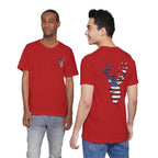 Patriotic Deer Head Graphic Tee — Red White & Blue Double-Sided Hunting Shirt | S–3XL
