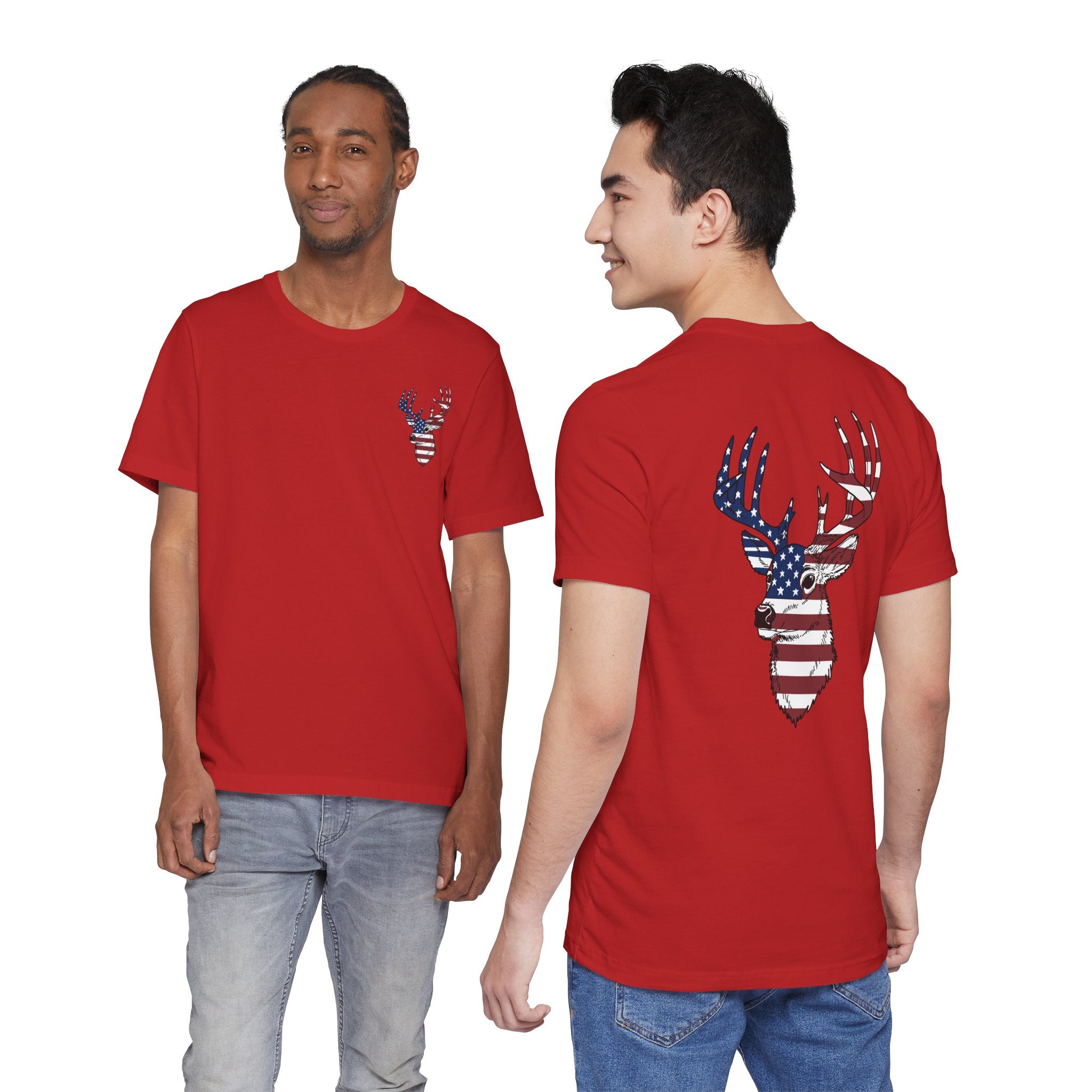 Patriotic Deer Head Graphic Tee — Red White & Blue Double-Sided Hunting Shirt | S–3XL