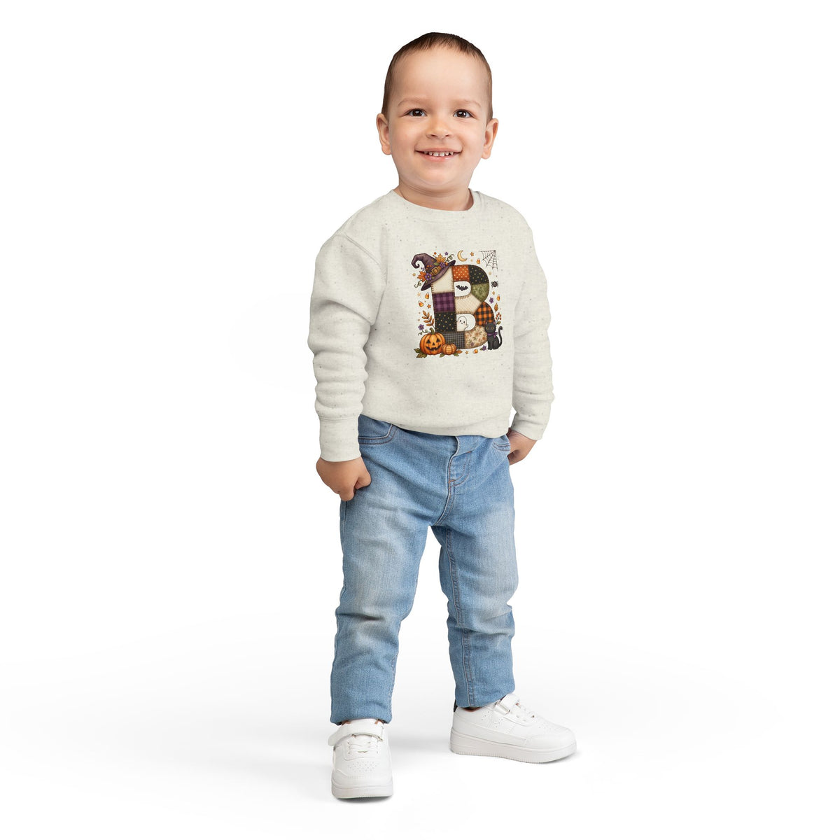 Kids Halloween Custom Initial Sweatshirt — Patchwork Pumpkin Witch Hat Design