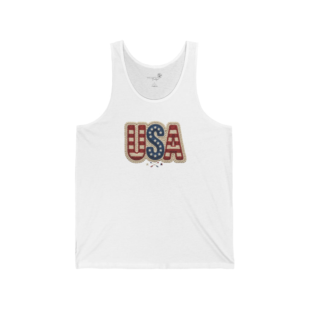 USA Faux Crochet Patriotic Tank Top — Boho American Flag Sleeveless Shirt | XS–2XL