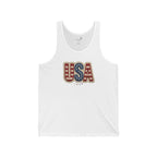 USA Faux Crochet Patriotic Tank Top — Boho American Flag Sleeveless Shirt | XS–2XL