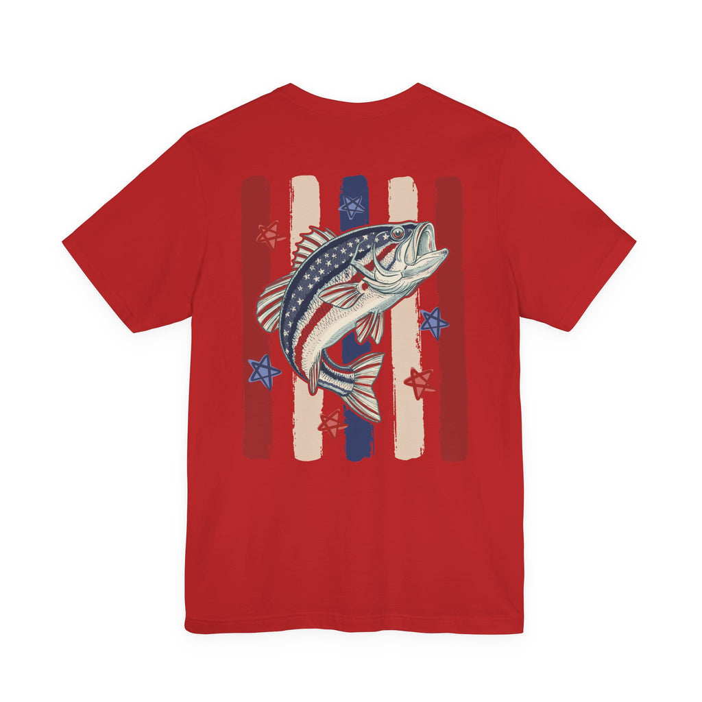 Patriotic Bass Fishing Graphic Tee — Red White & Blue Double-Sided Fishing Shirt | S–3XL