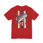 Patriotic Bass Fishing Graphic Tee — Red White & Blue Double-Sided Fishing Shirt | S–3XL