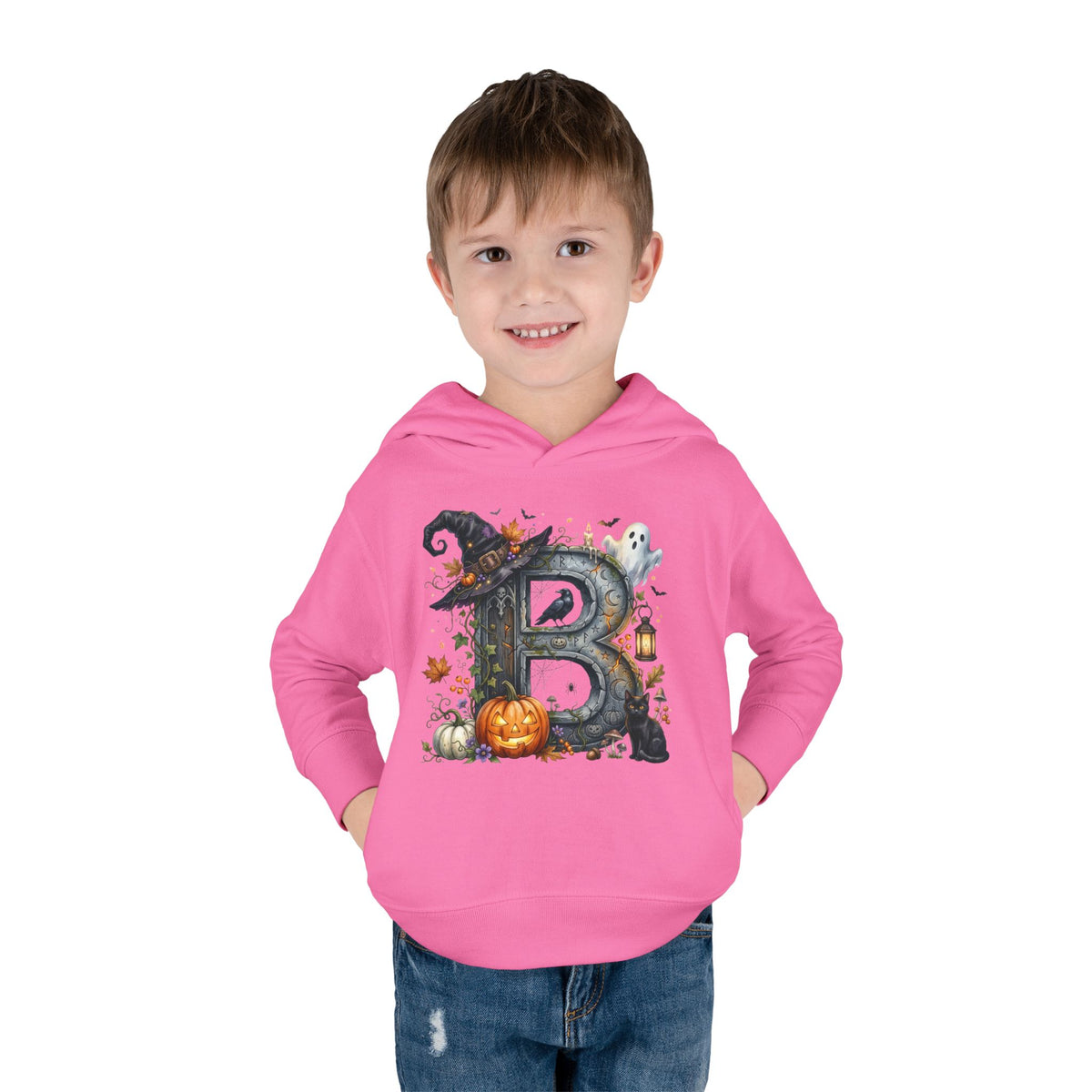 Toddler Hoodie — Halloween Custom Initial Pullover (Witch Hat, Pumpkin & Ghosts)