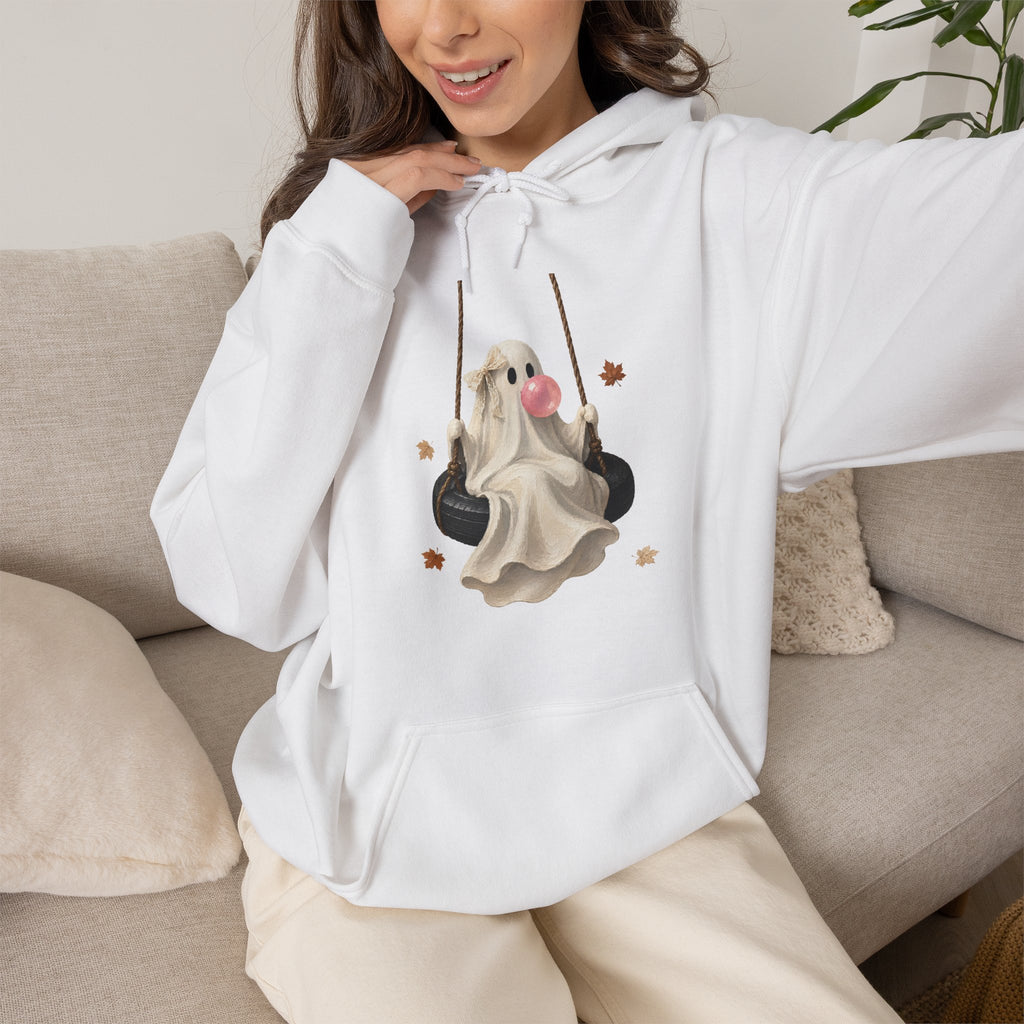 Cute Bubblegum Ghost on a Swing - Halloween Hoodie