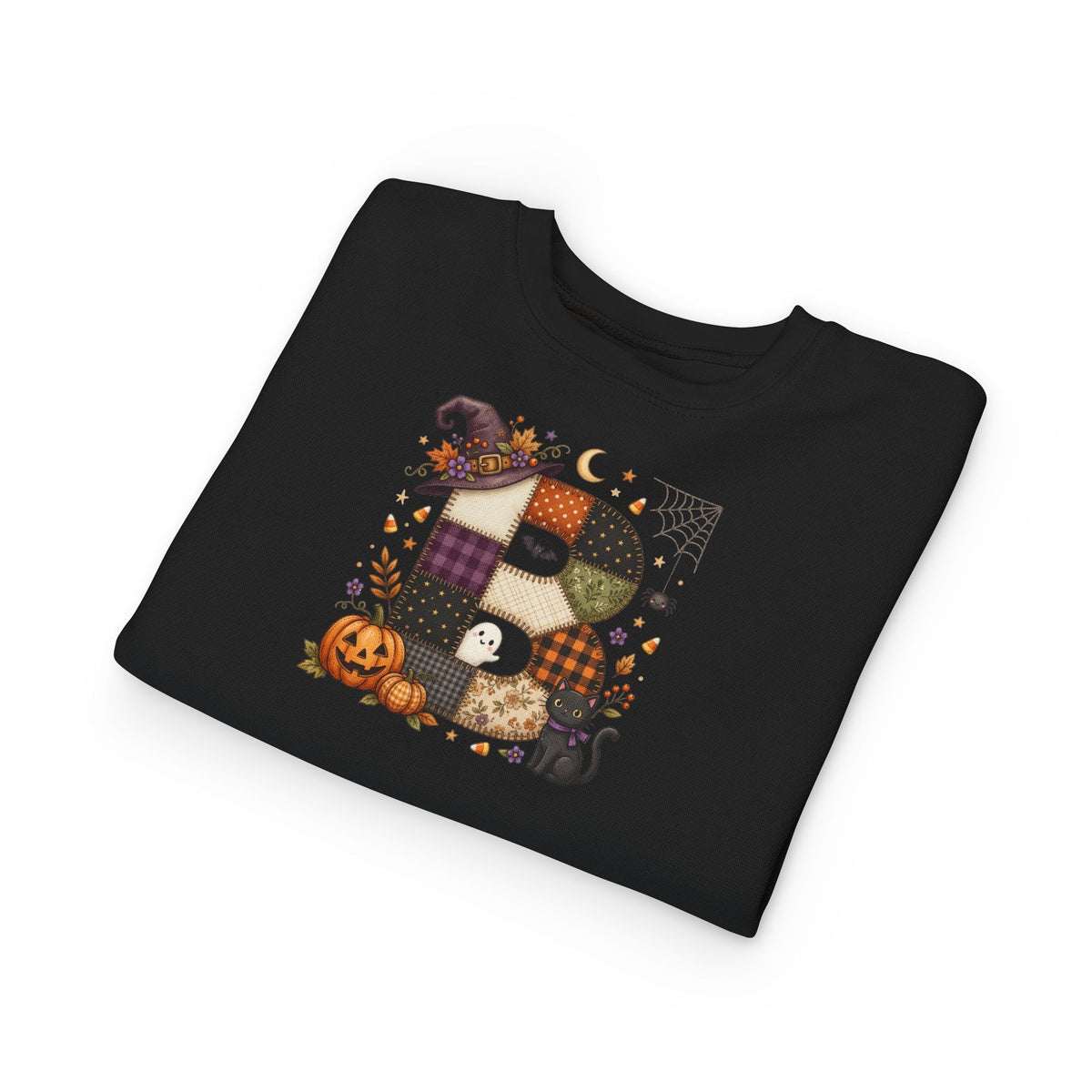 Kids Halloween Custom Initial Sweatshirt — Patchwork Pumpkin Witch Hat Design