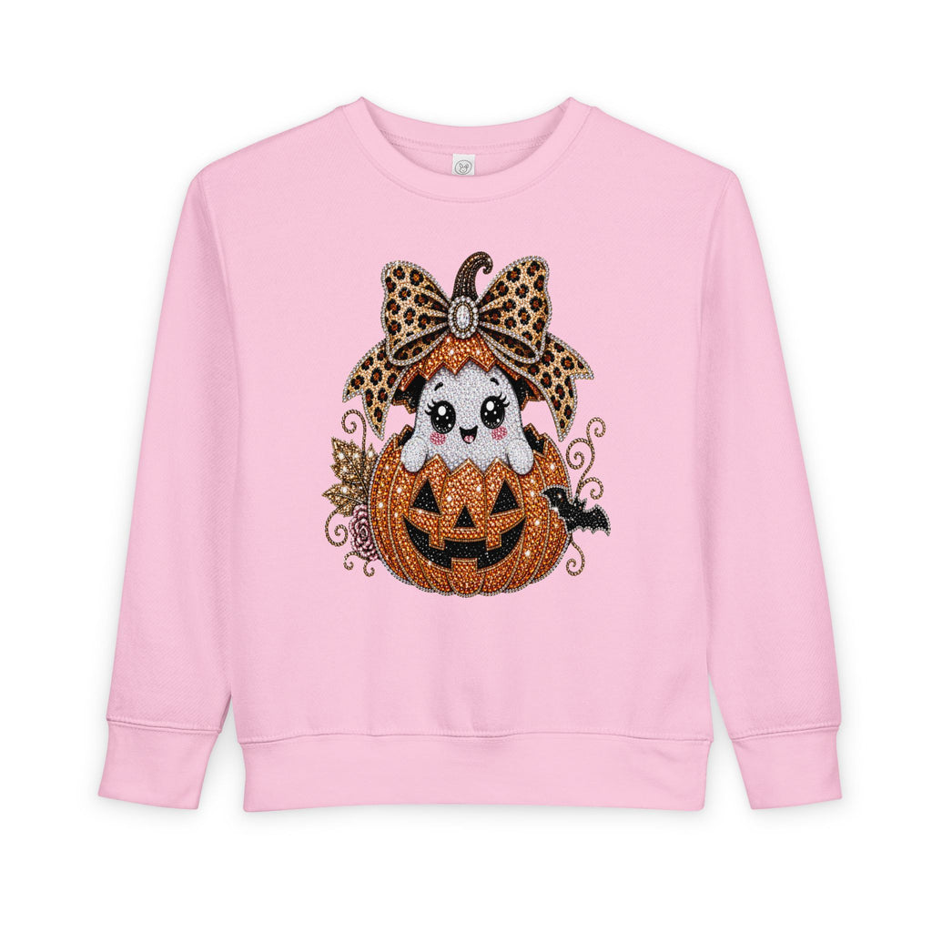 Kids Halloween Sweatshirt — Cute Ghost in Leopard Bow Pumpkin