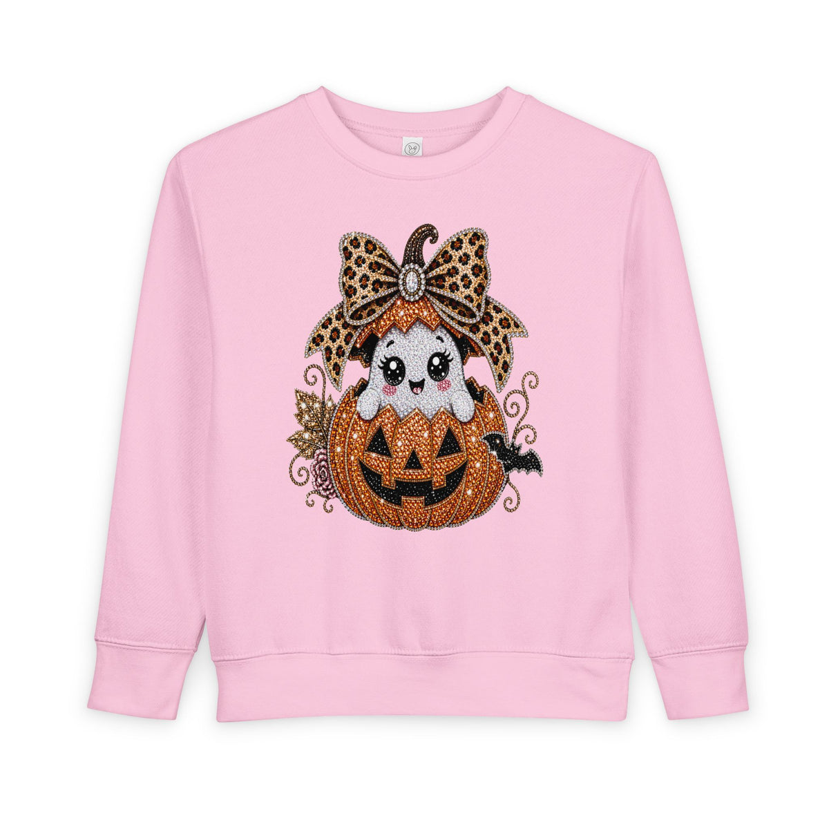 Kids Halloween Sweatshirt — Cute Ghost in Leopard Bow Pumpkin