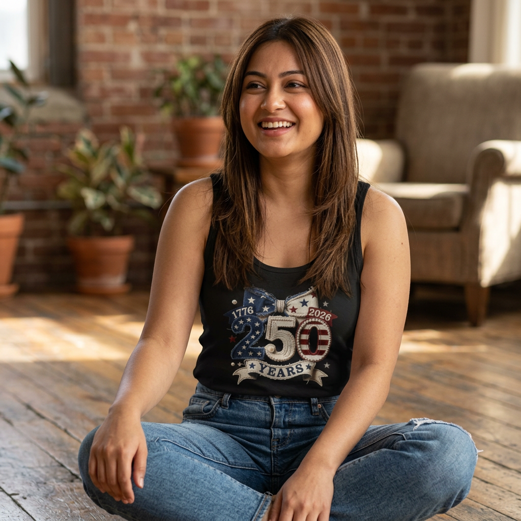 America 250 Years Patchwork Patriotic Tank Top — Fourth of July Women’s Sleeveless Shirt | XS–2XL