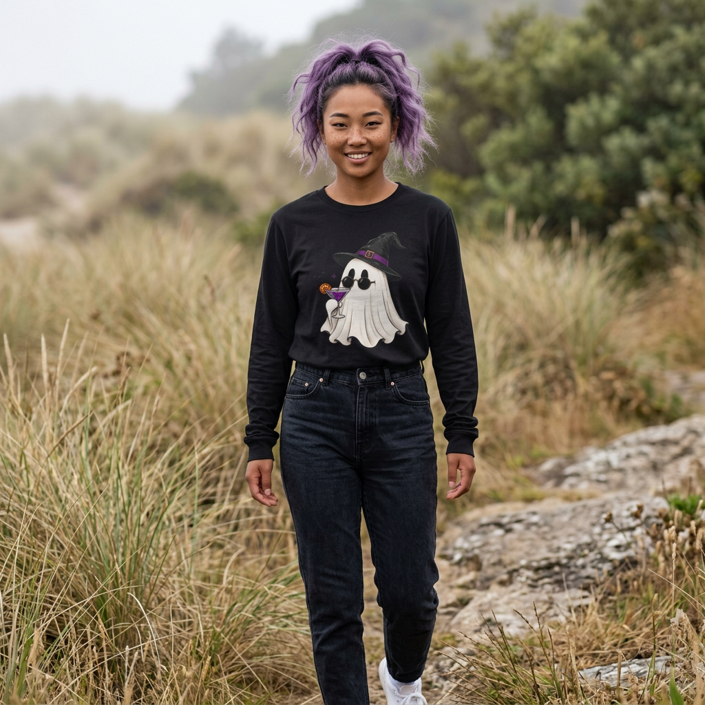 Cute Witch Ghost Long Sleeve Tee — Halloween Ghost with Witch Hat & Cocktail