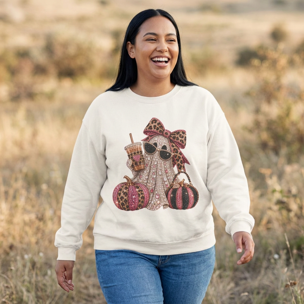 Leopard Bow Ghost/Pumpkins Graphic -  Pullover Sweatshirt