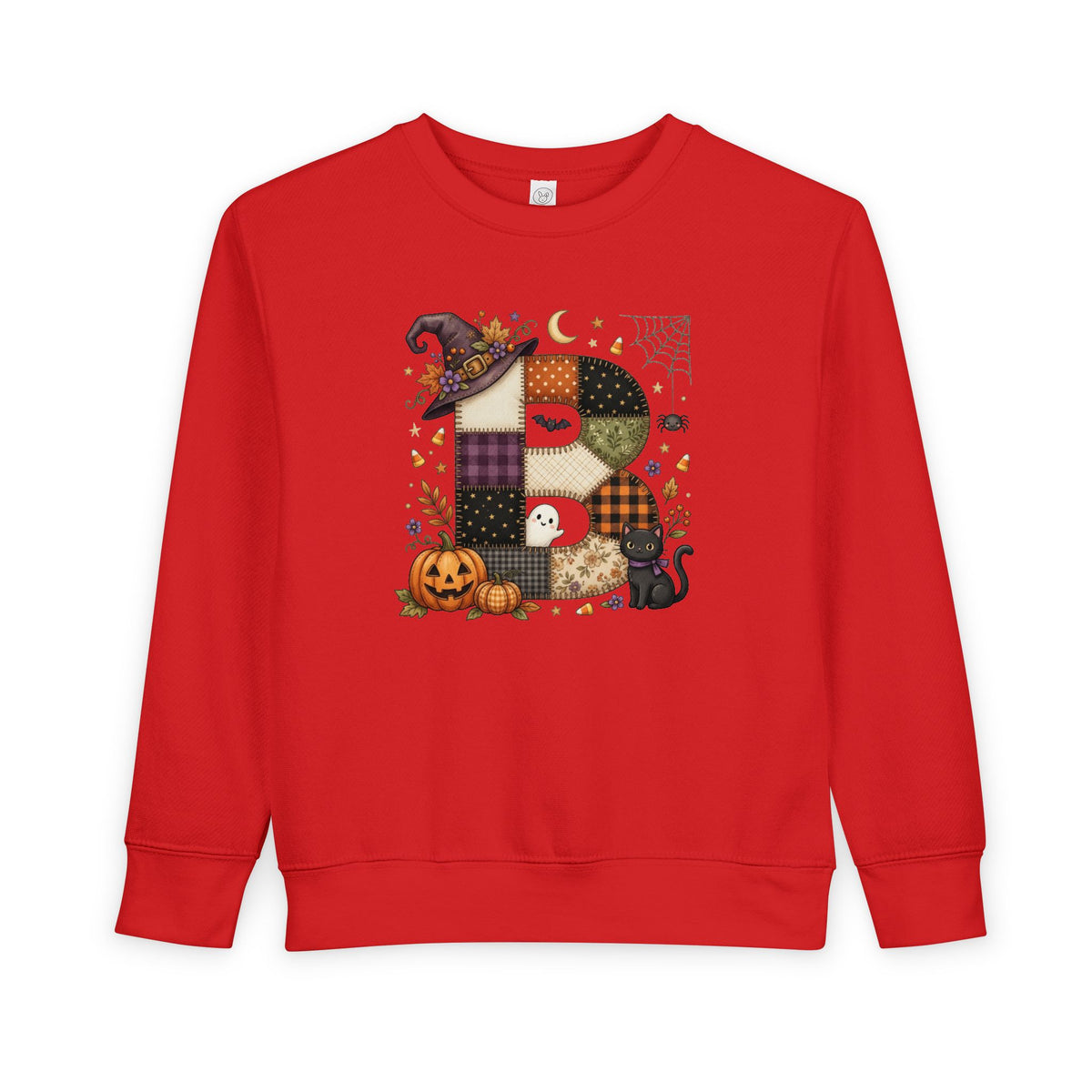 Kids Halloween Custom Initial Sweatshirt — Patchwork Pumpkin Witch Hat Design