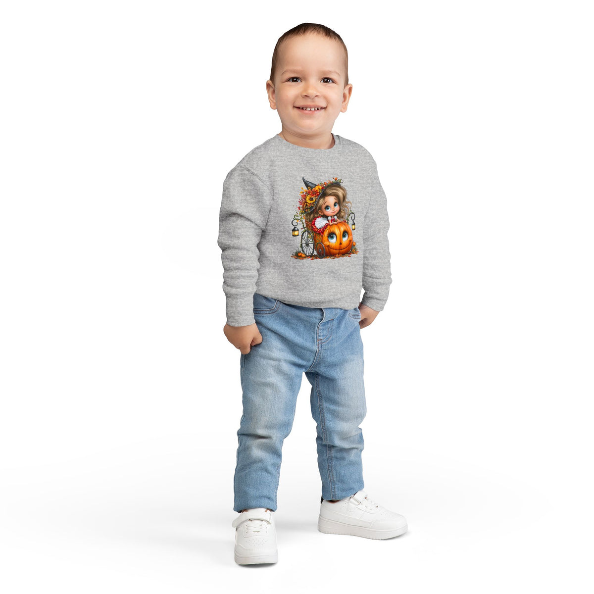 Toddler Sweatshirt — Cute Halloween Pumpkin Witch Girl Fall Crewneck