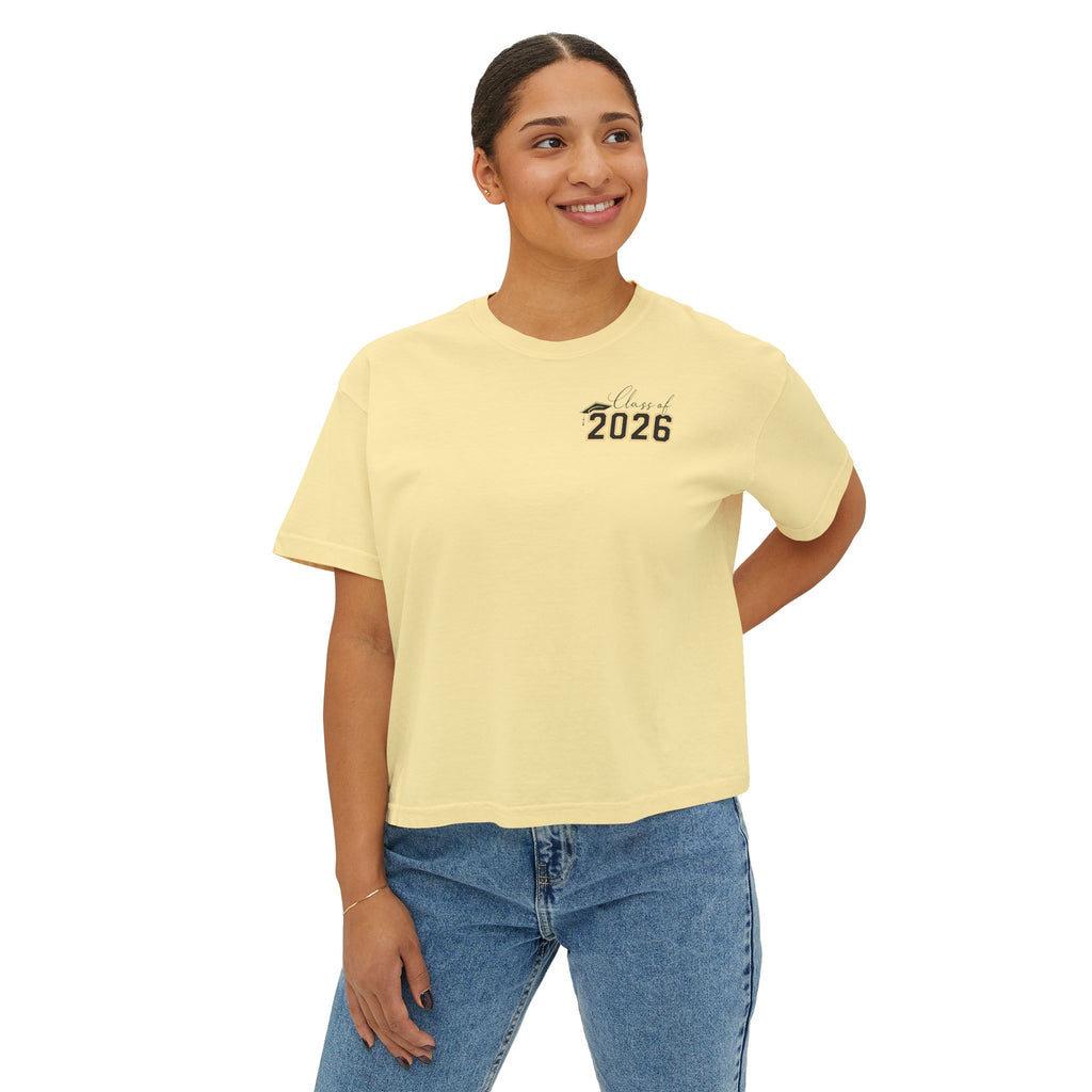 Class of 2026 FRONT & BACK Women's Boxy, Slightly Cropped Tee – Customize School Name Optional Graduation T‑Shirt