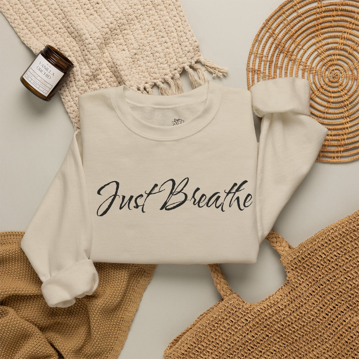 Just Breathe FRONT & BACK Graphic - Cozy Pullover Sweatshirt