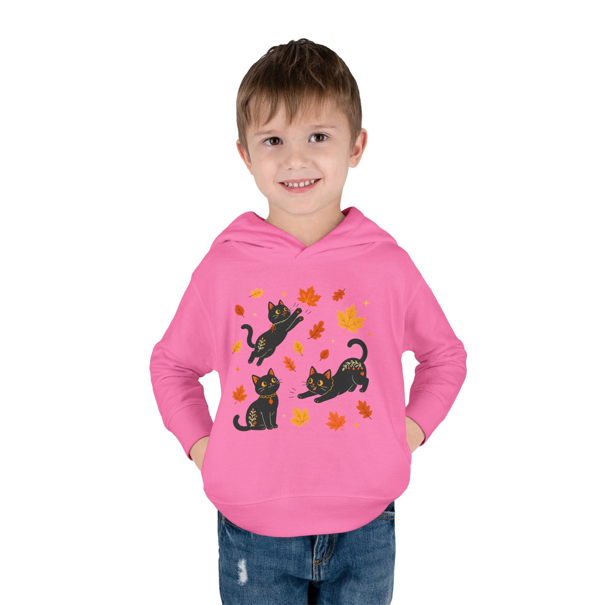 Toddler Hoodie — Playful Black Cats with Falling Autumn Leaves