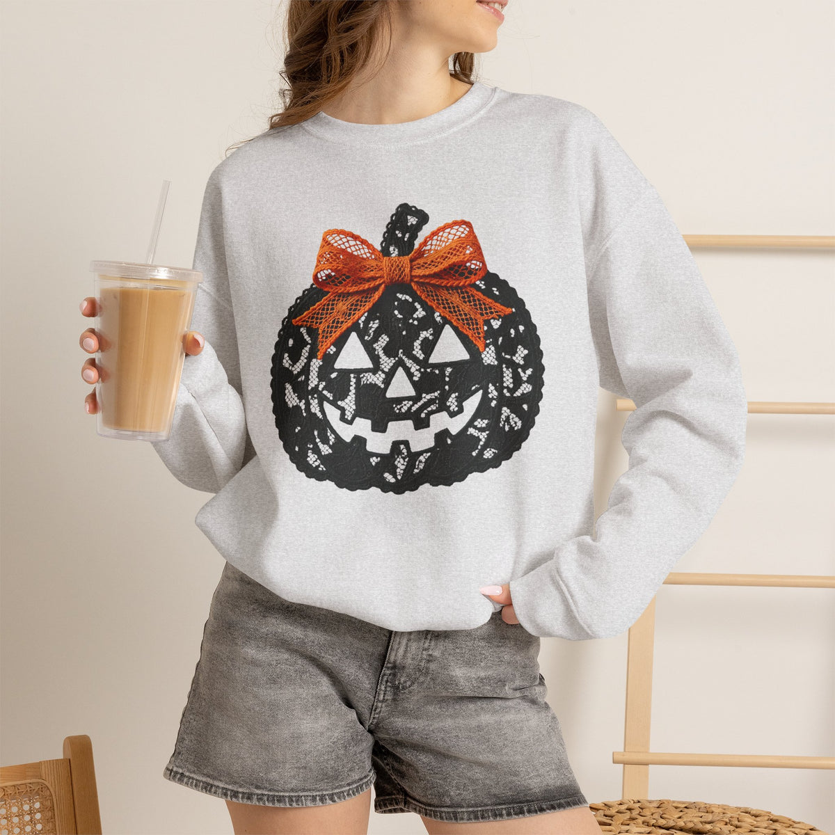 Lace Pumpkin & Orange Bow 3D Graphic | Halloween Pullover Sweatshirt