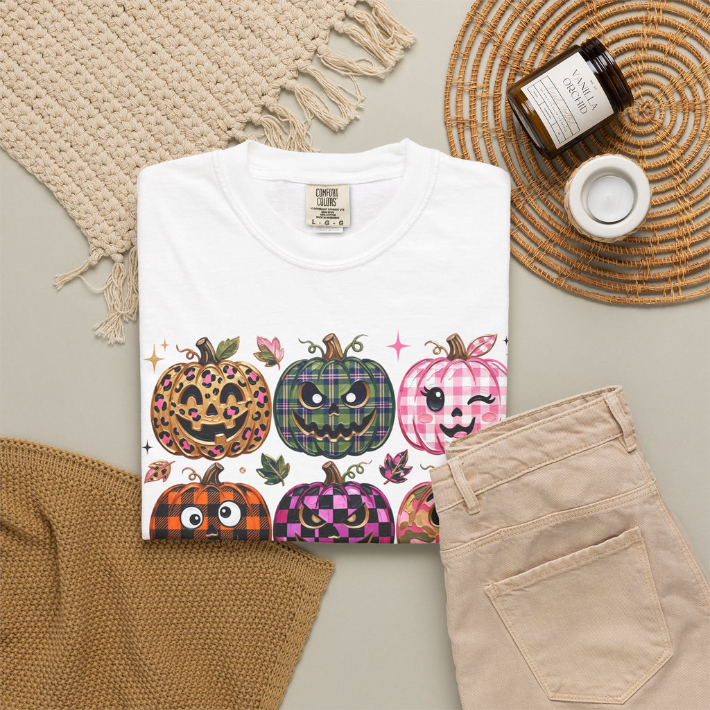 Patterned Comfort Colors Pumpkin Patch T-Shirt — Cute Halloween Jack-O'-Lanterns