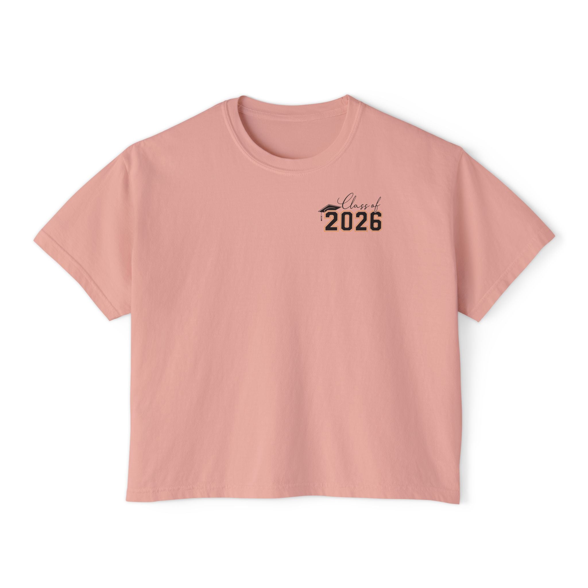 Class of 2026 FRONT & BACK Women's Boxy, Slightly Cropped Tee – Customize School Name Optional Graduation T‑Shirt