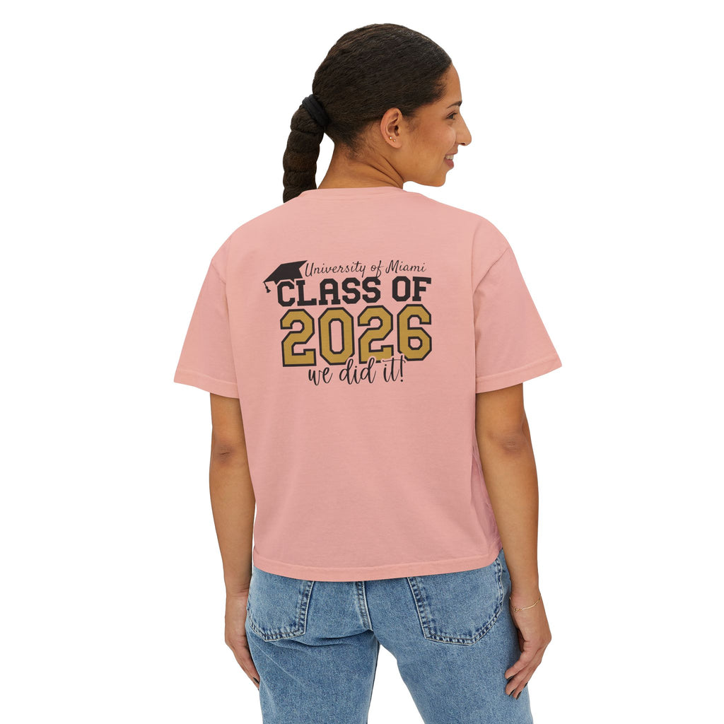 Class of 2026 FRONT & BACK Women's Boxy, Slightly Cropped Tee – Customize School Name Optional Graduation T‑Shirt